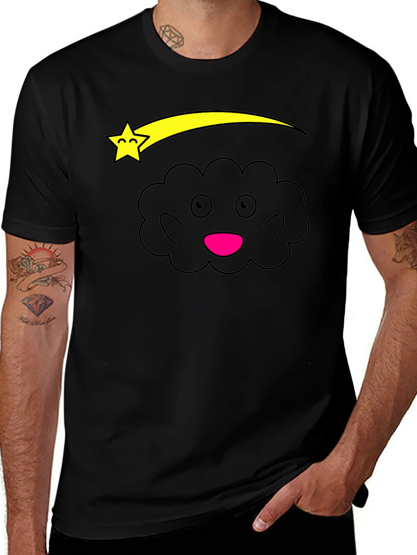 Cute Cartoon Cloud and Star Black T-Shirt