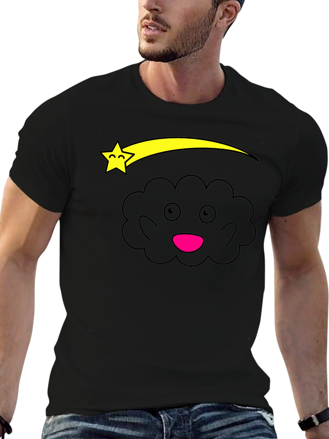 Cute Cartoon Cloud and Star Black T-Shirt
