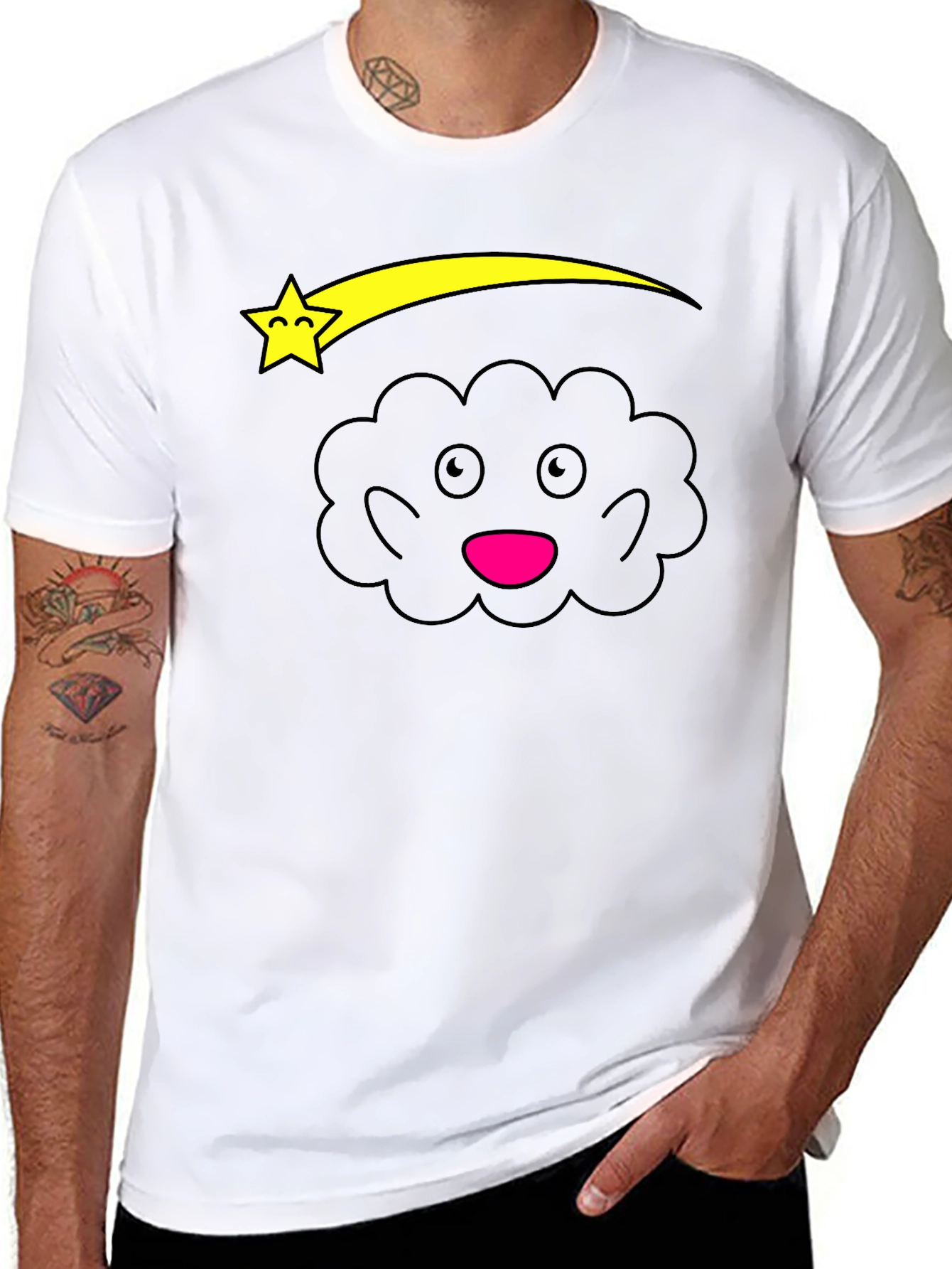 Cute Cartoon Cloud and Star Black T-Shirt