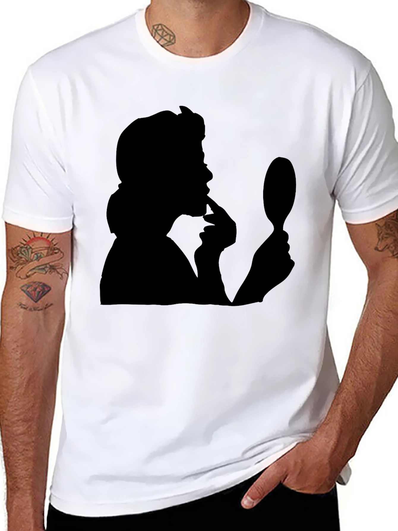 Silhouette T-Shirt: Mysterious Woman with Mirror - Black