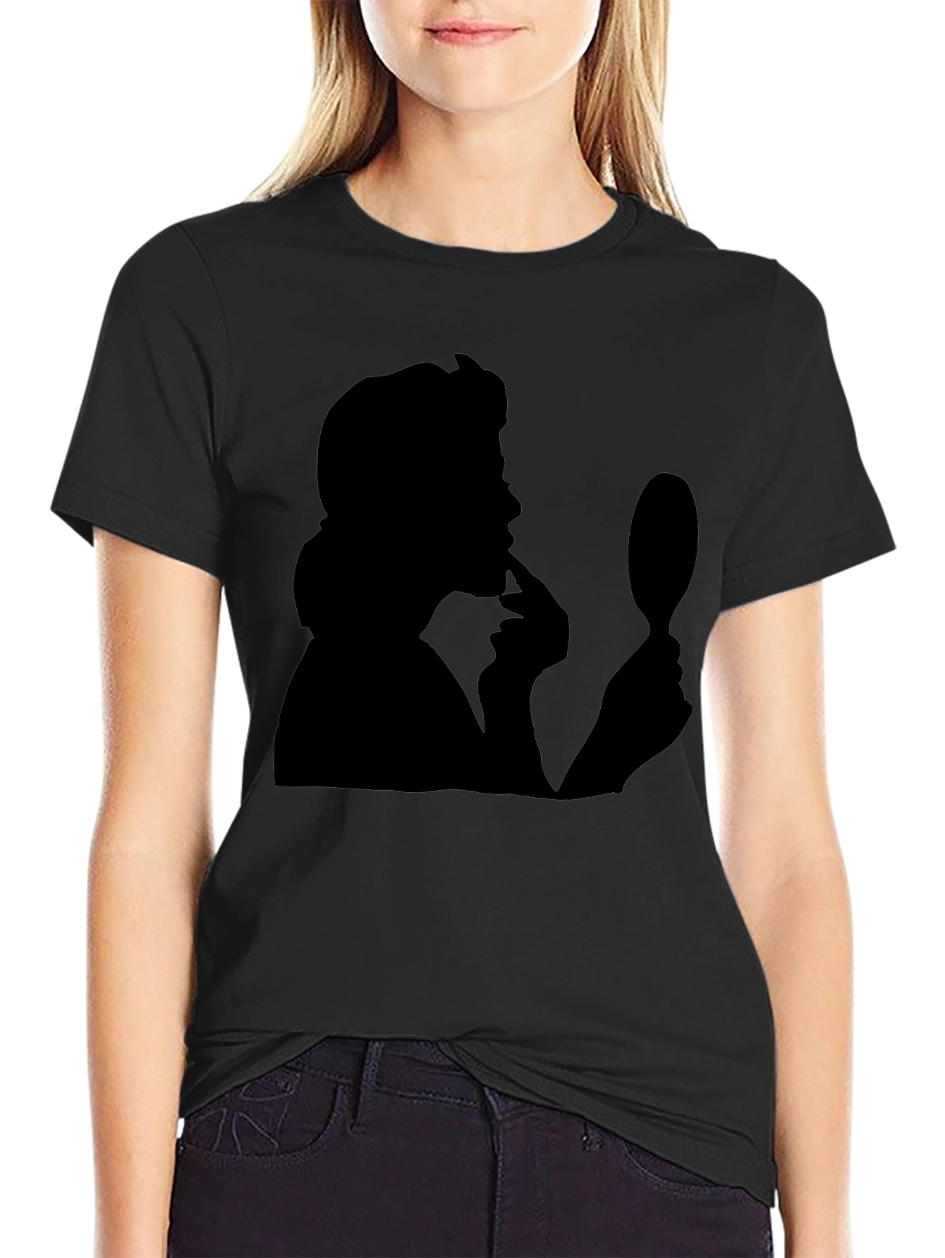 Silhouette T-Shirt: Mysterious Woman with Mirror - Black