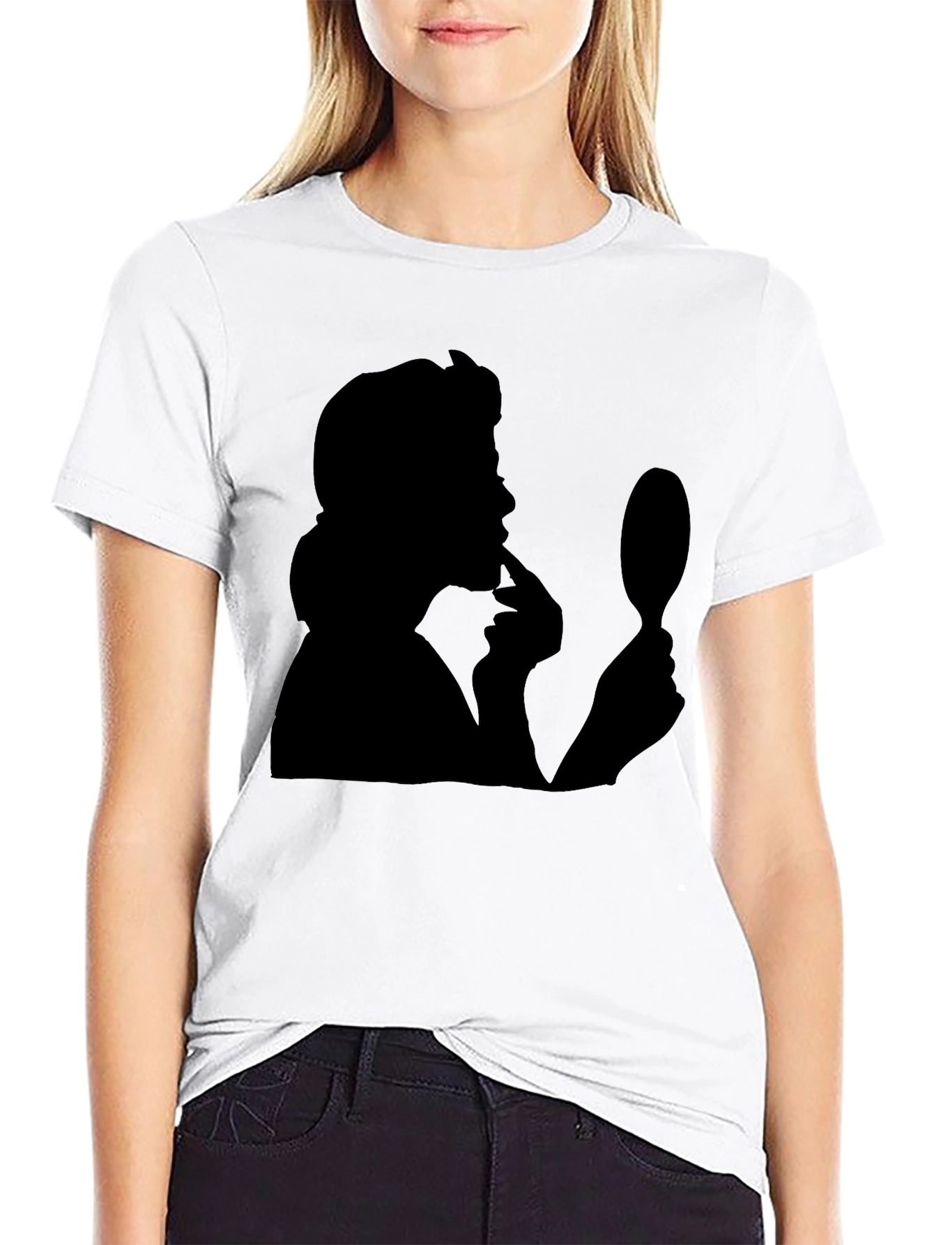 Silhouette T-Shirt: Mysterious Woman with Mirror - Black