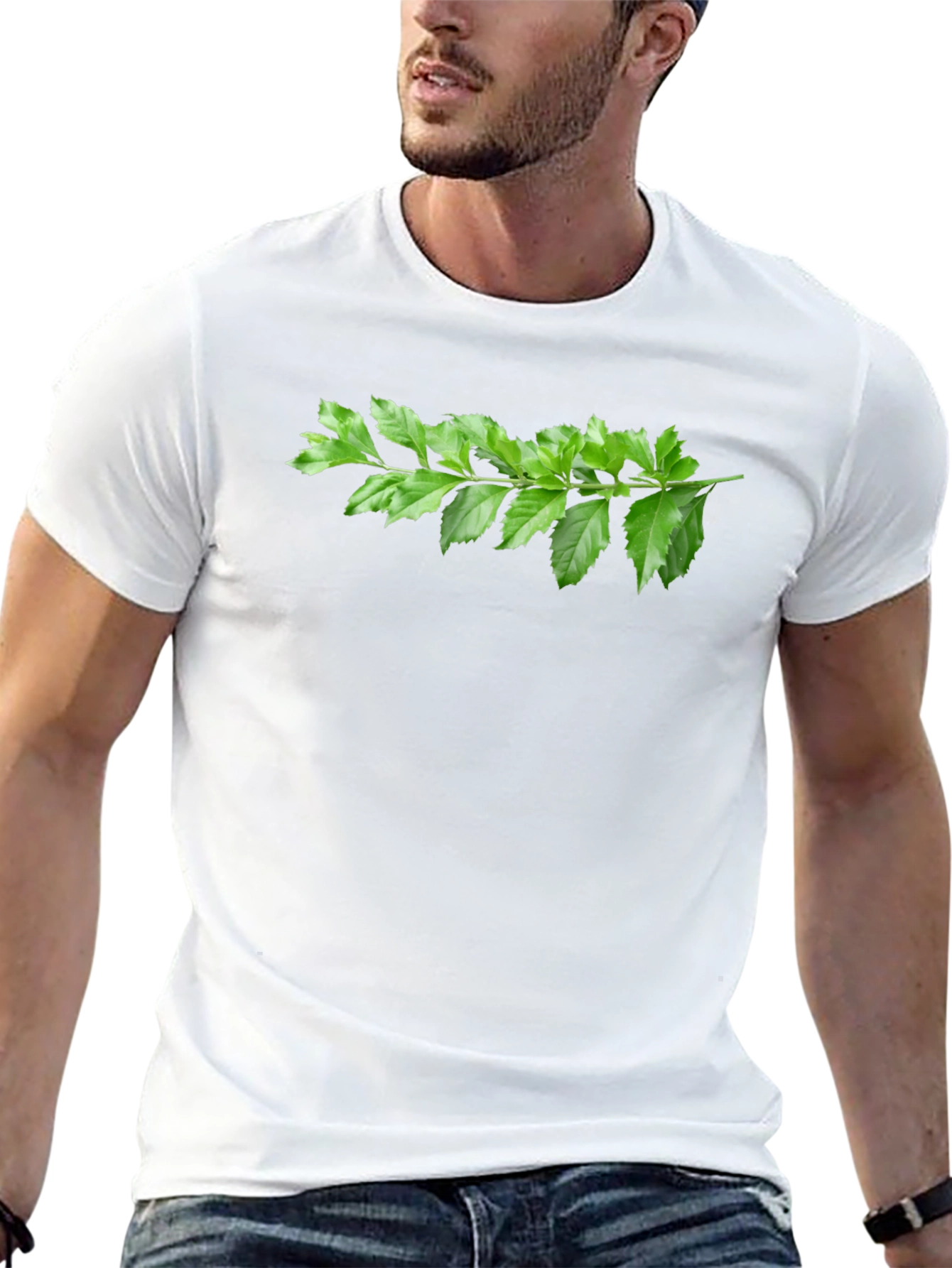 Green Branch Print Black T-Shirt