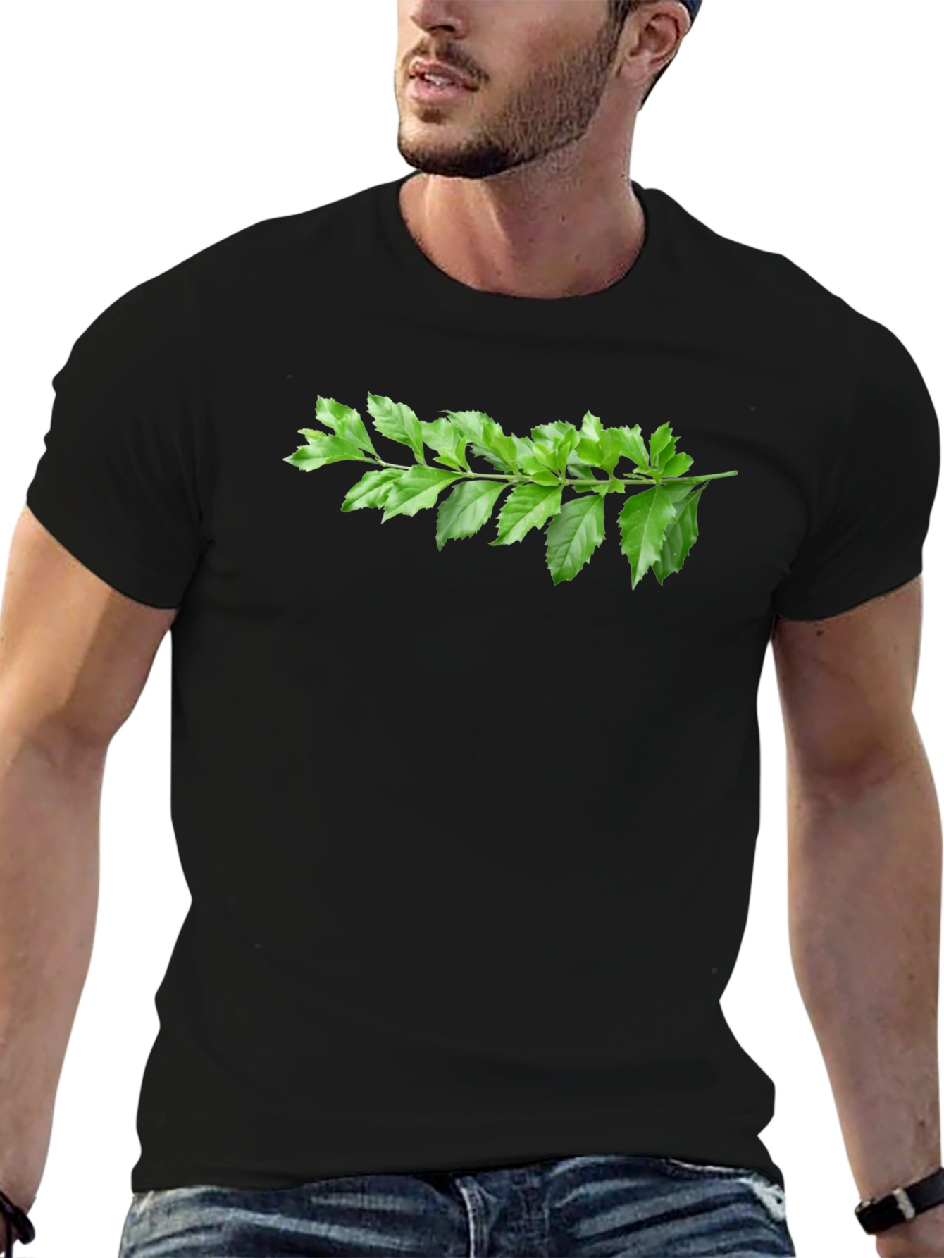 Green Branch Print Black T-Shirt