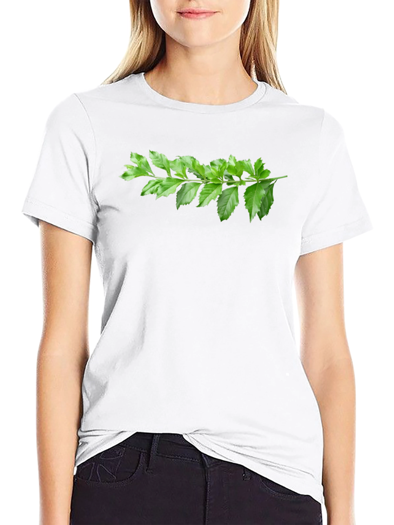 Green Branch Print Black T-Shirt