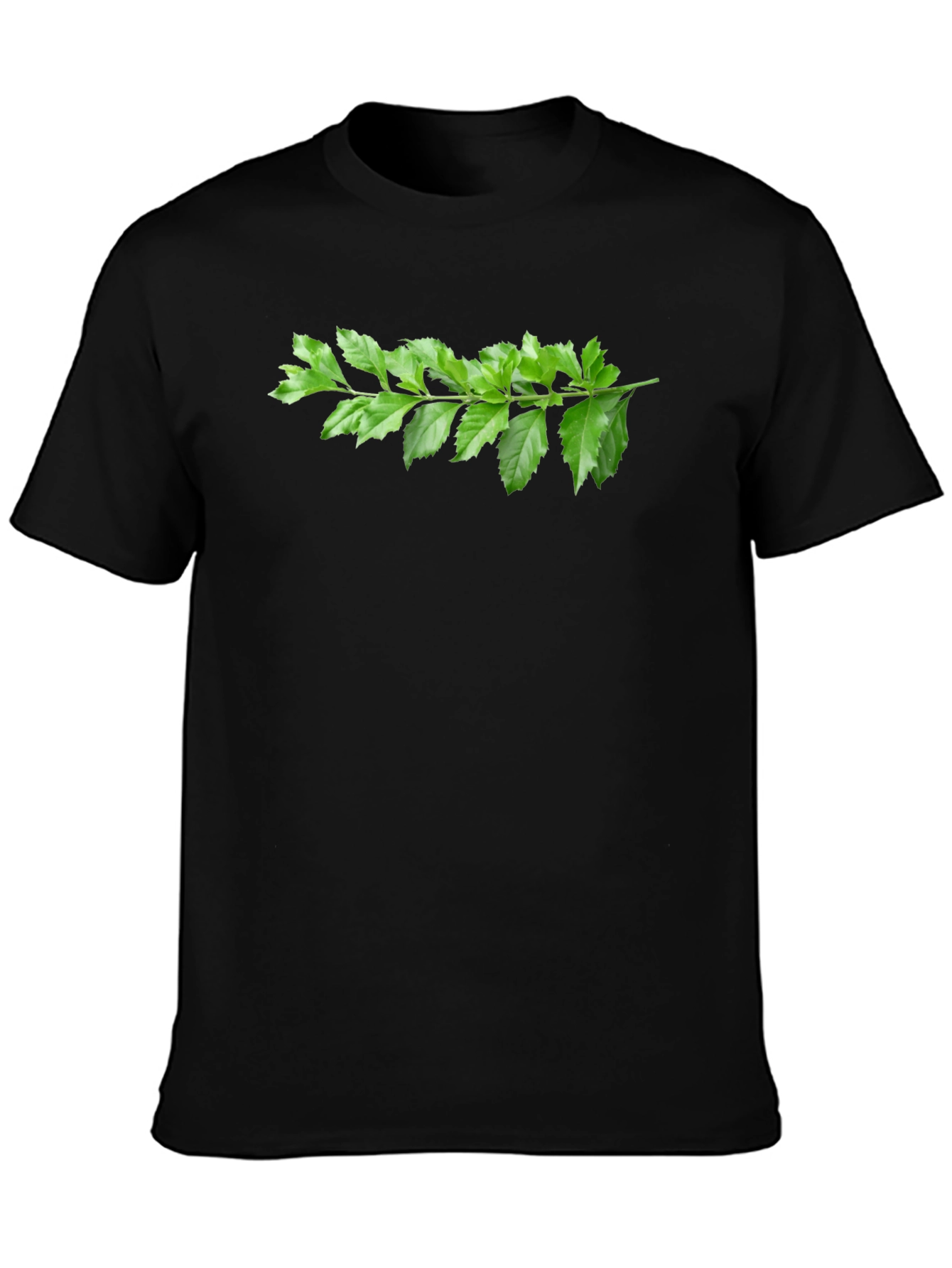 Green Branch Print Black T-Shirt