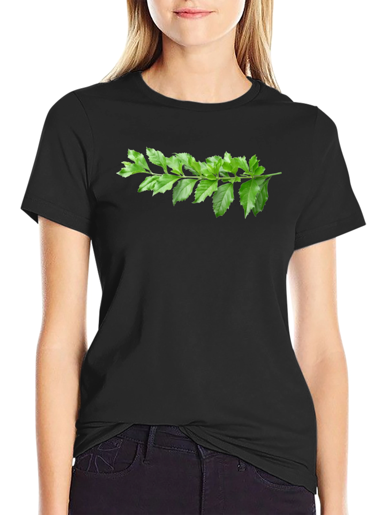 Green Branch Print Black T-Shirt