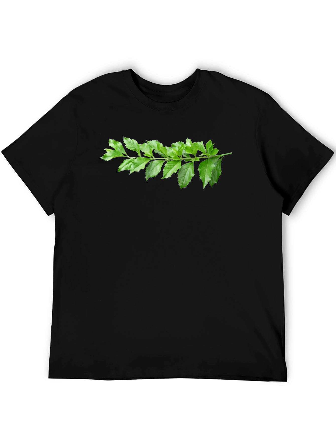 Green Branch Print Black T-Shirt
