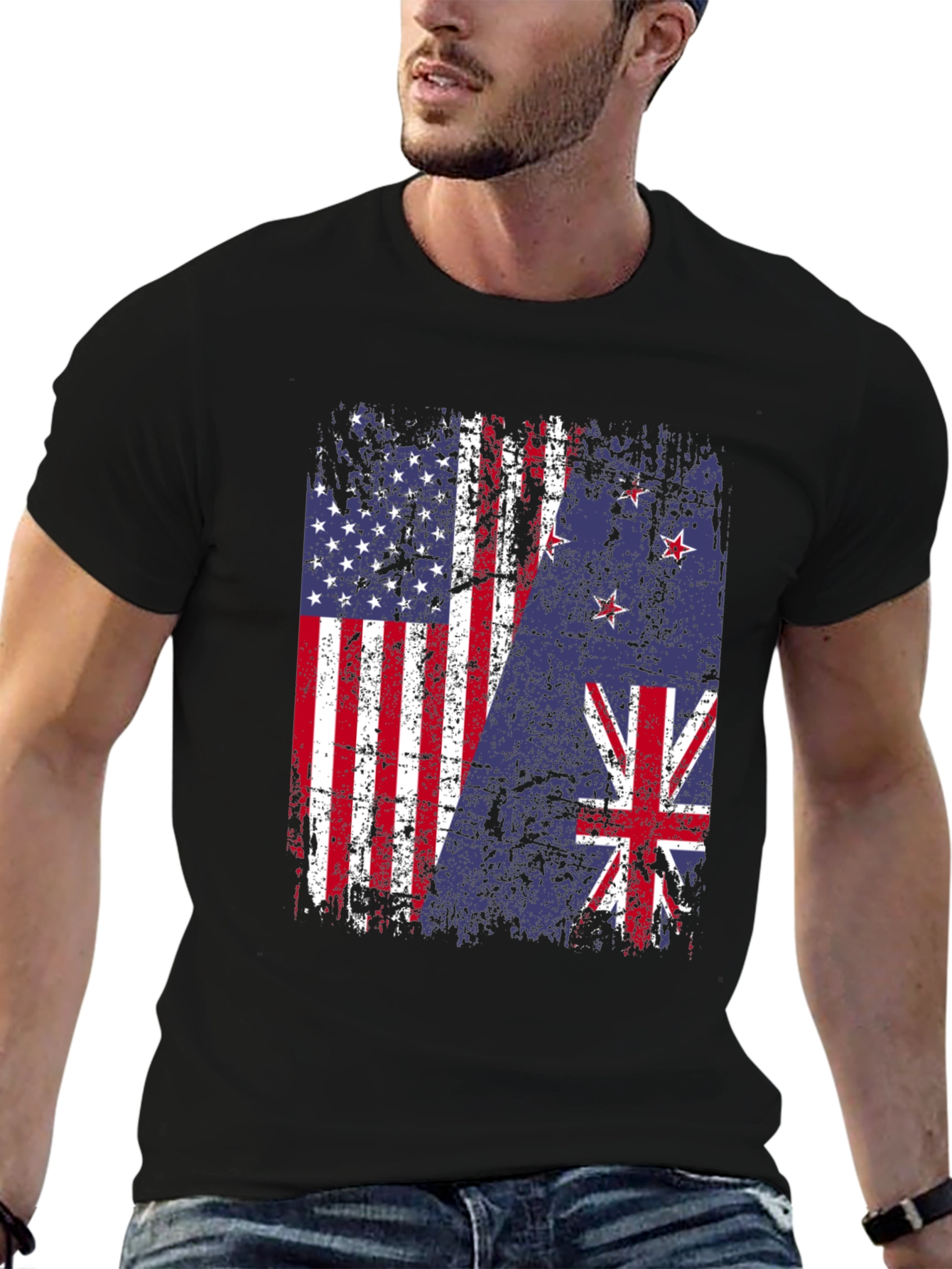 USA & New Zealand Flags Distressed T-Shirt