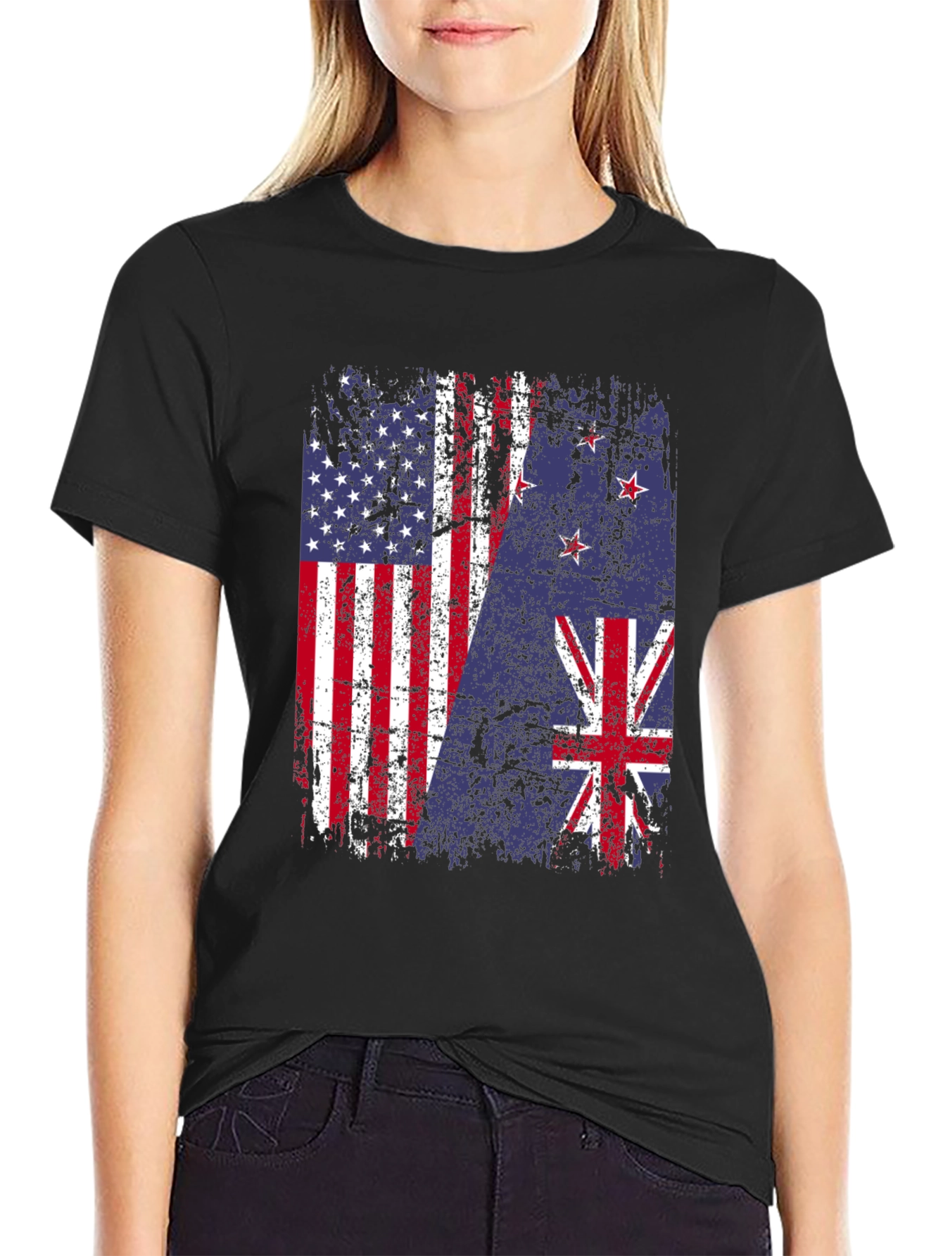 USA & New Zealand Flags Distressed T-Shirt