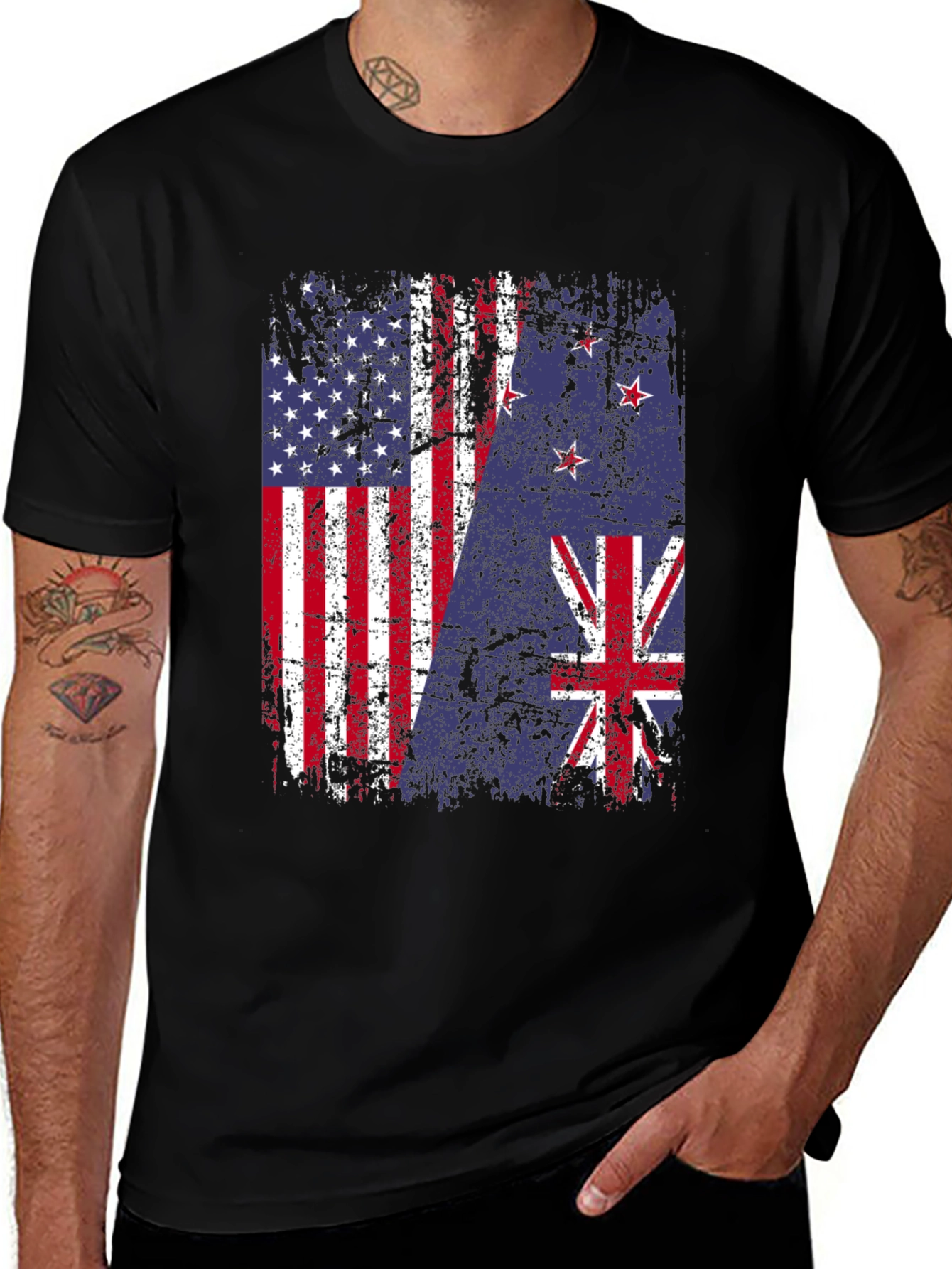 USA & New Zealand Flags Distressed T-Shirt