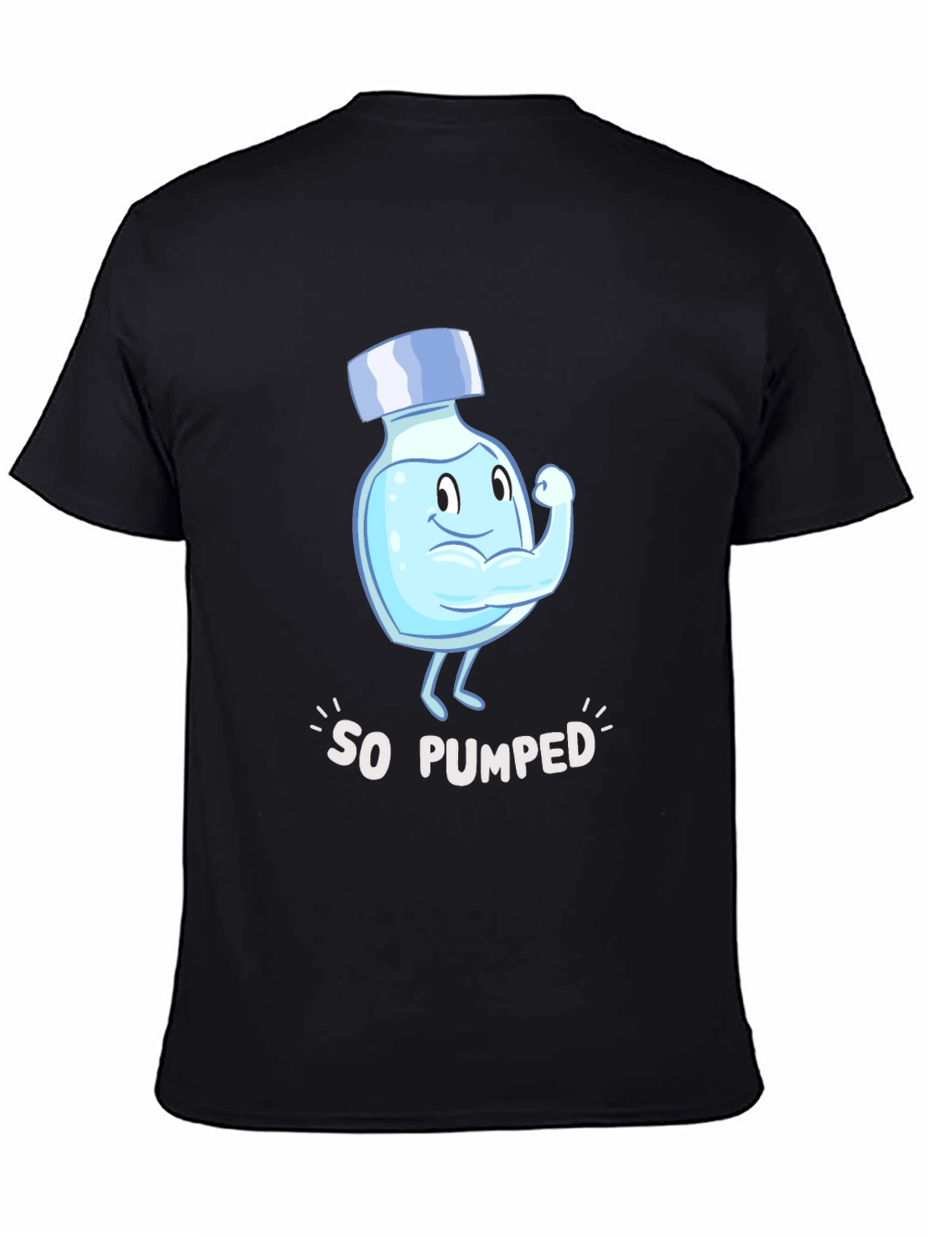 So Pumped Water Bottle Cartoon Graphic Black T-Shirt