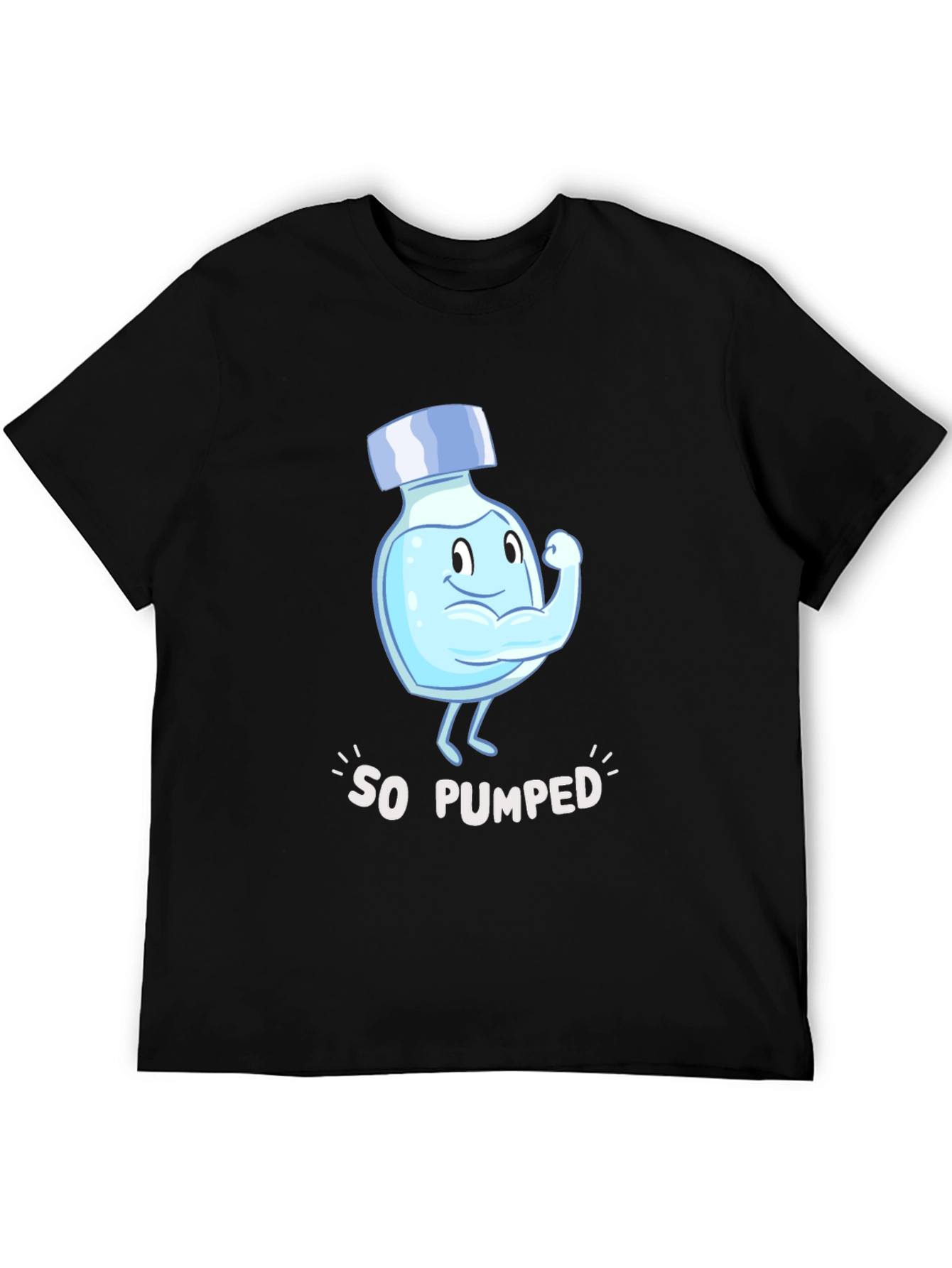 So Pumped Water Bottle Cartoon Graphic Black T-Shirt