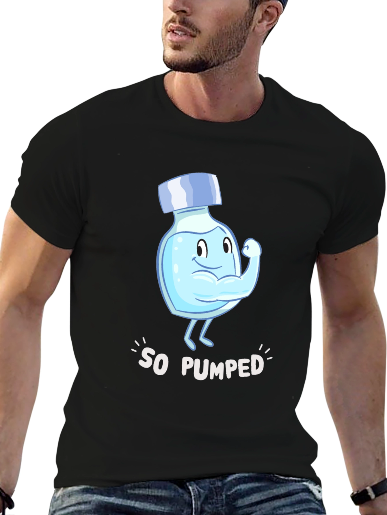 So Pumped Water Bottle Cartoon Graphic Black T-Shirt
