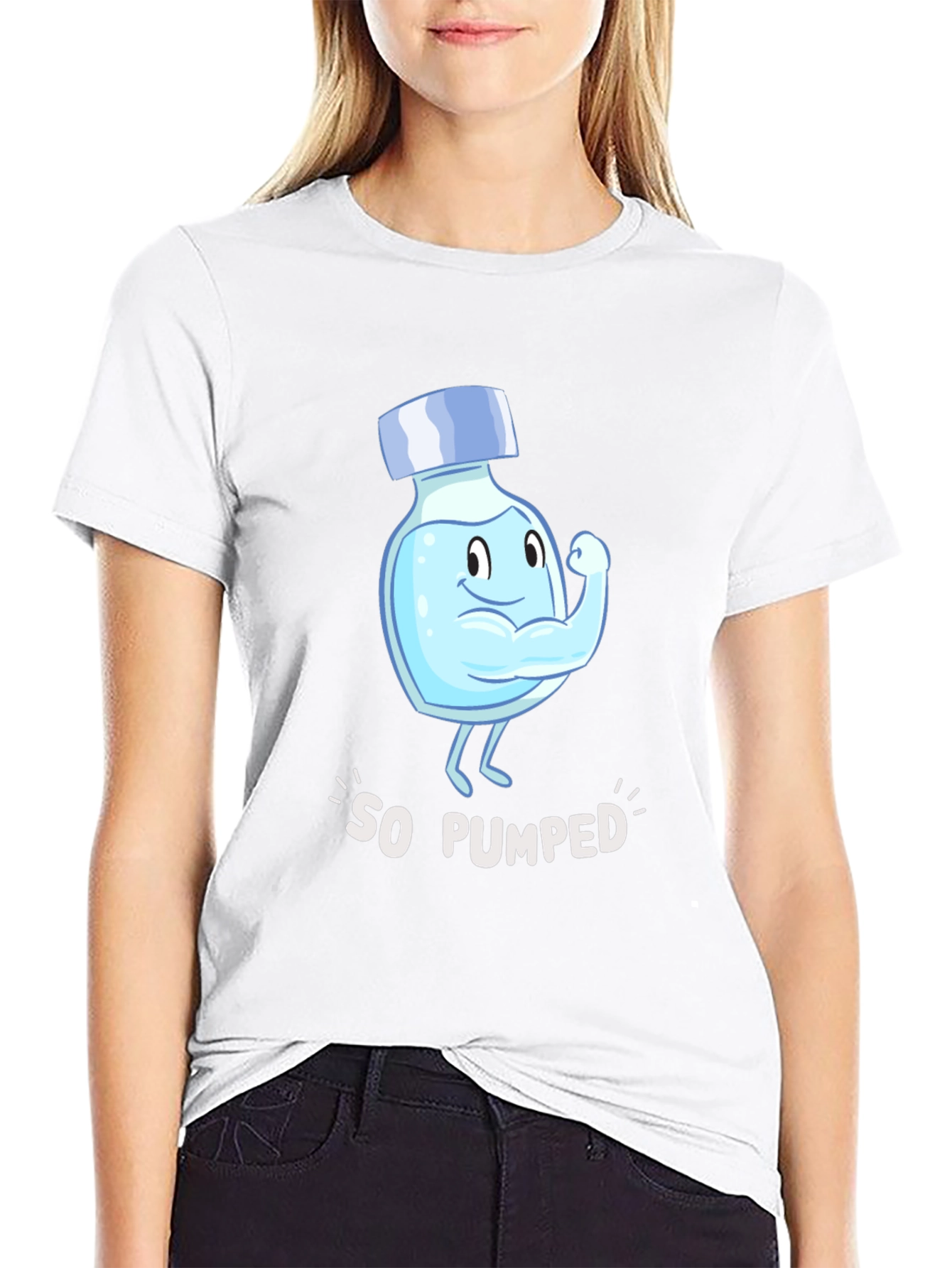 So Pumped Water Bottle Cartoon Graphic Black T-Shirt
