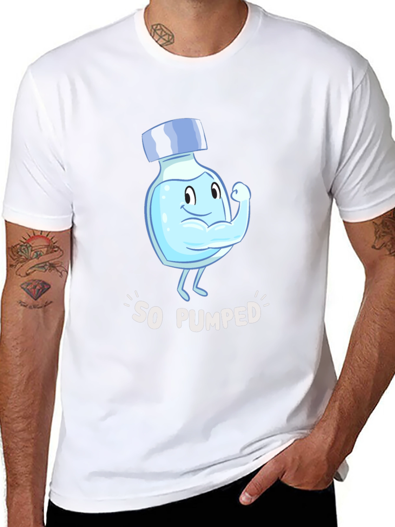 So Pumped Water Bottle Cartoon Graphic Black T-Shirt