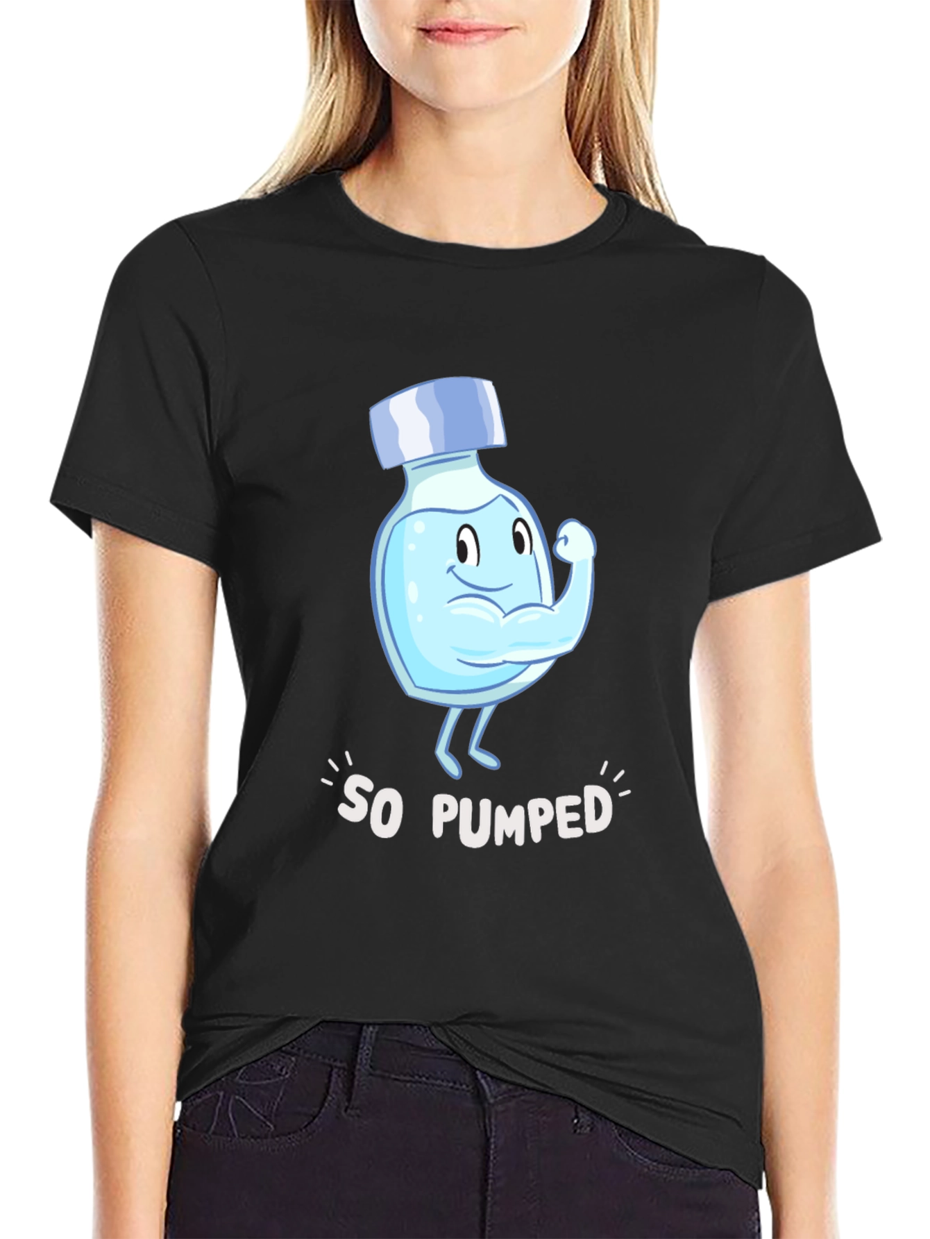 So Pumped Water Bottle Cartoon Graphic Black T-Shirt