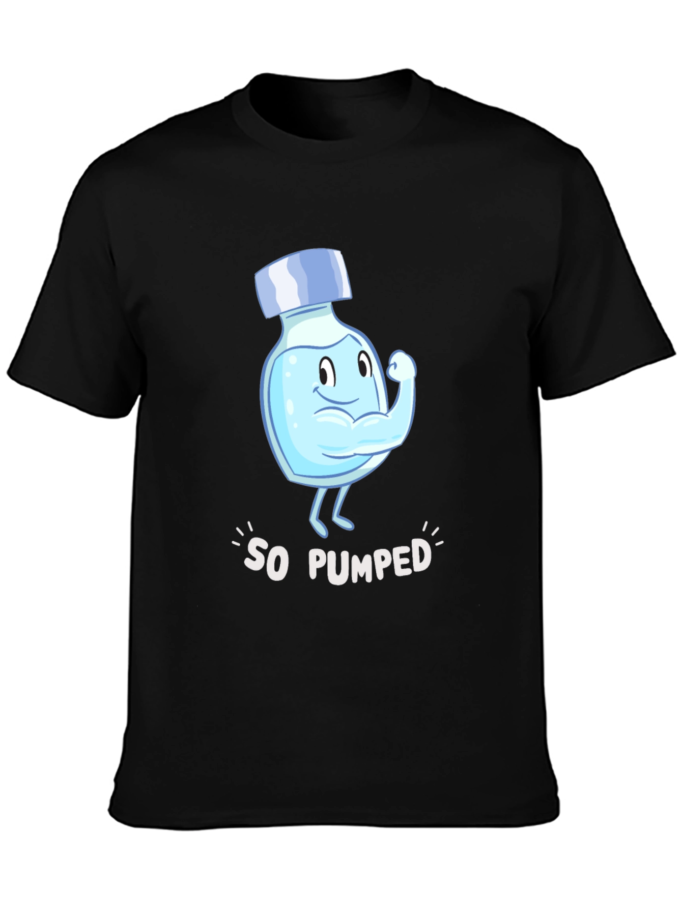 So Pumped Water Bottle Cartoon Graphic Black T-Shirt
