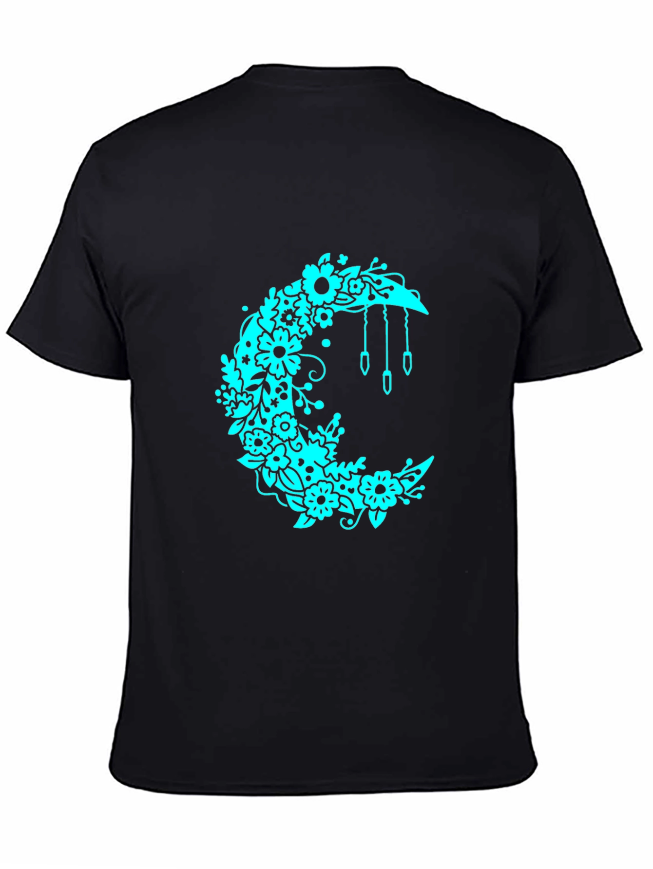 Floral Crescent Moon Black T-Shirt