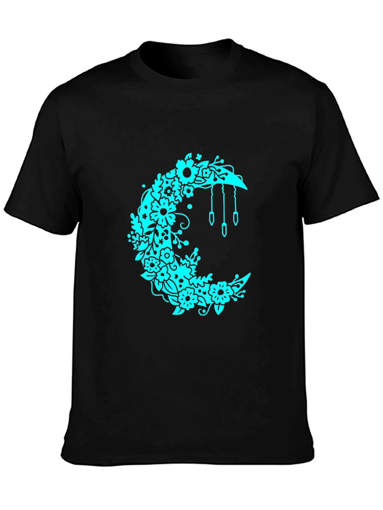 Floral Crescent Moon Black T-Shirt