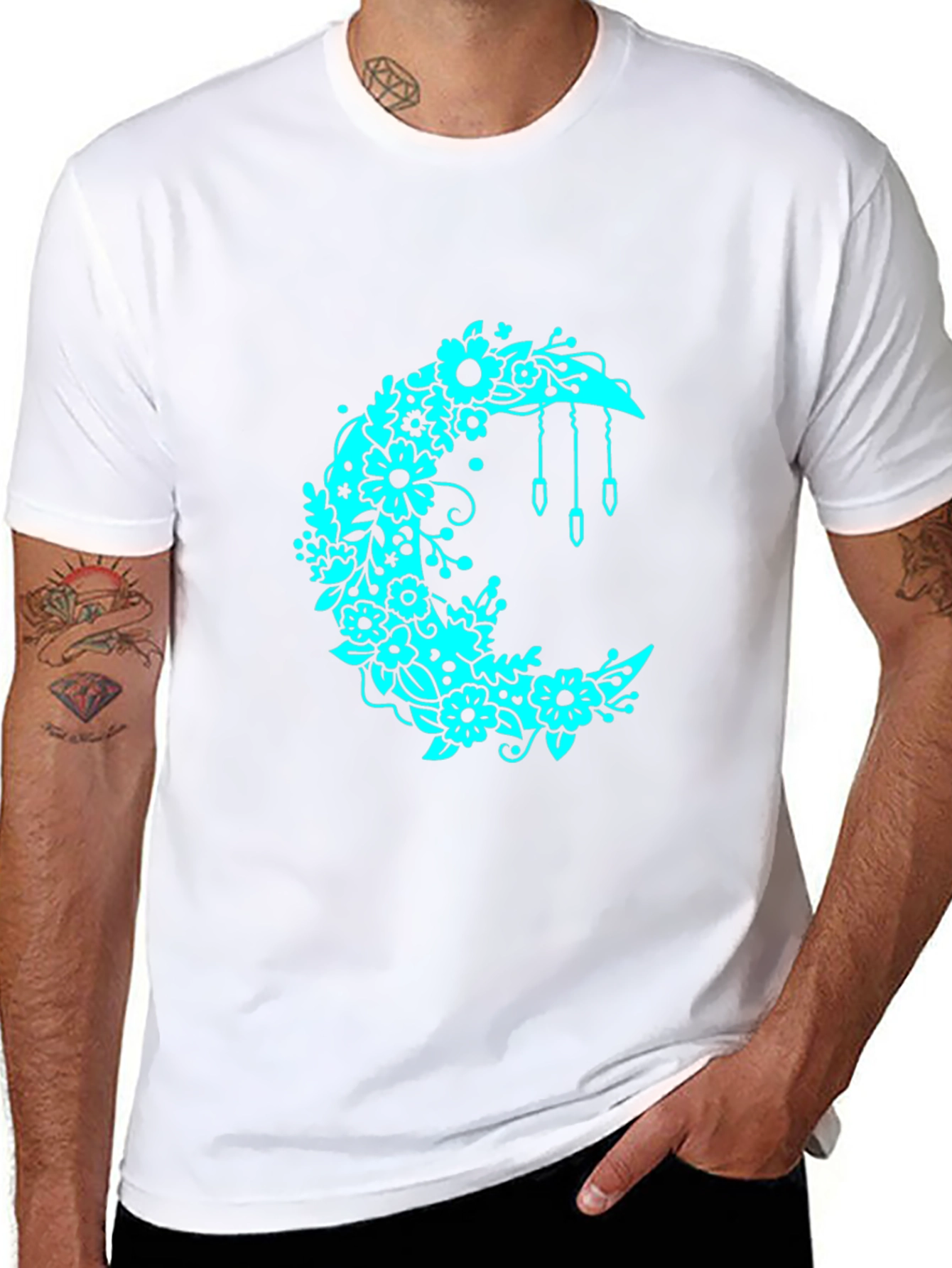 Floral Crescent Moon Black T-Shirt