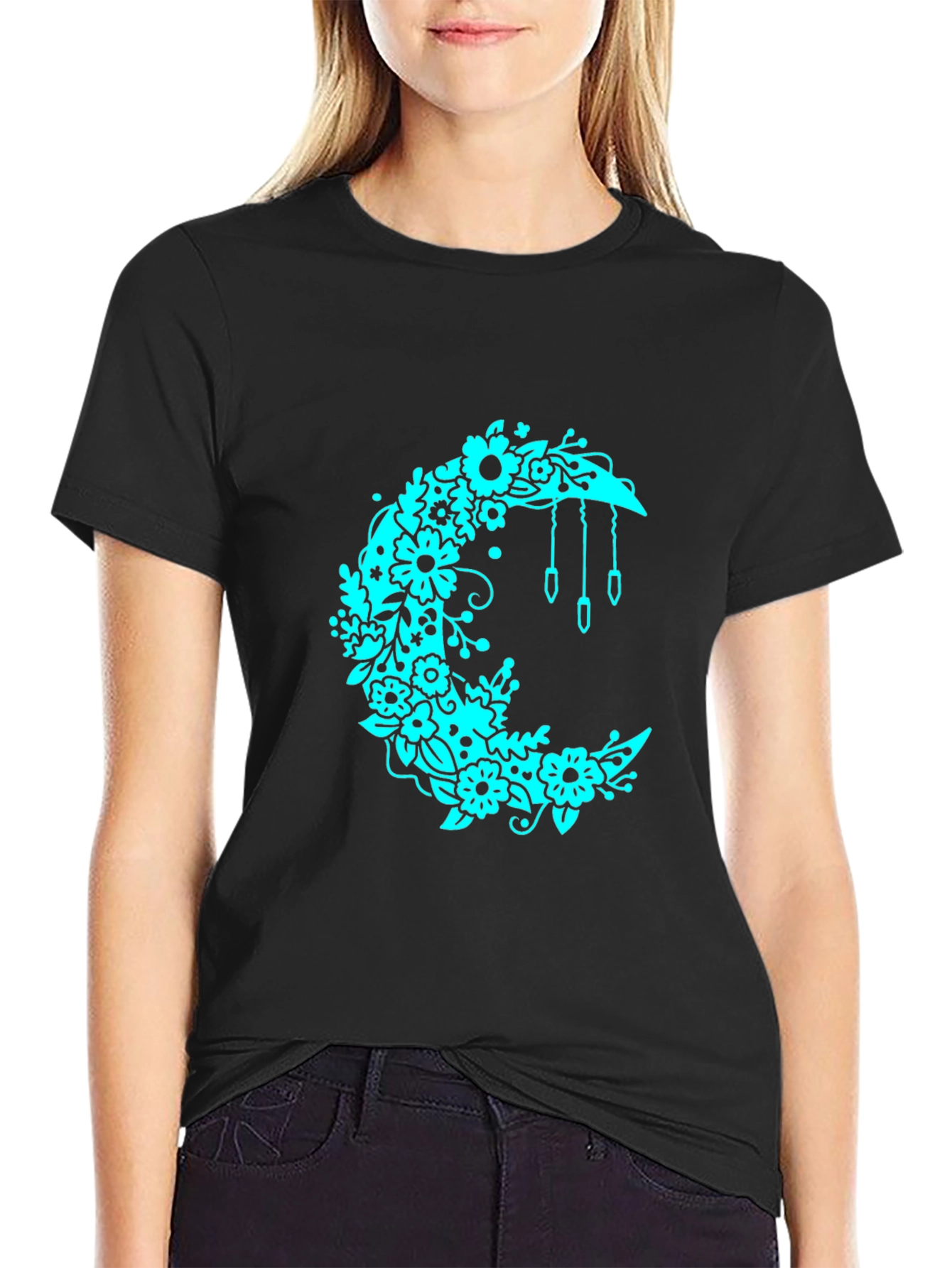Floral Crescent Moon Black T-Shirt