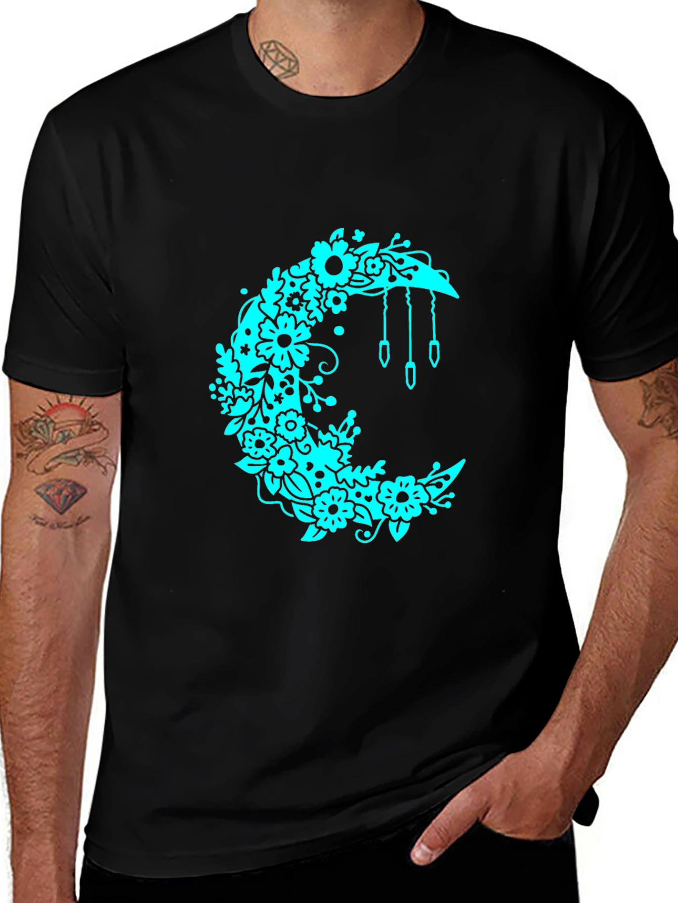 Floral Crescent Moon Black T-Shirt