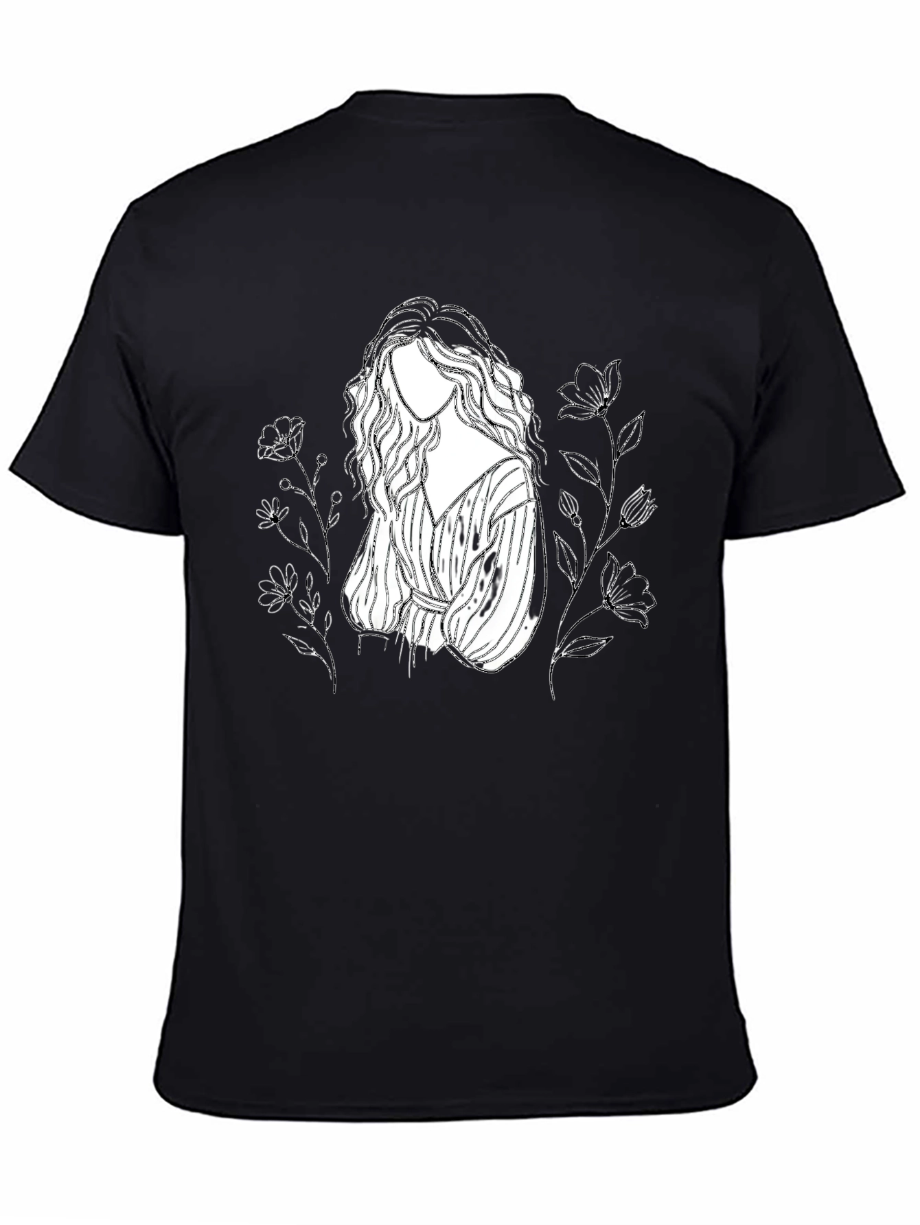Black T-Shirt with Woman Floral Sketch Design