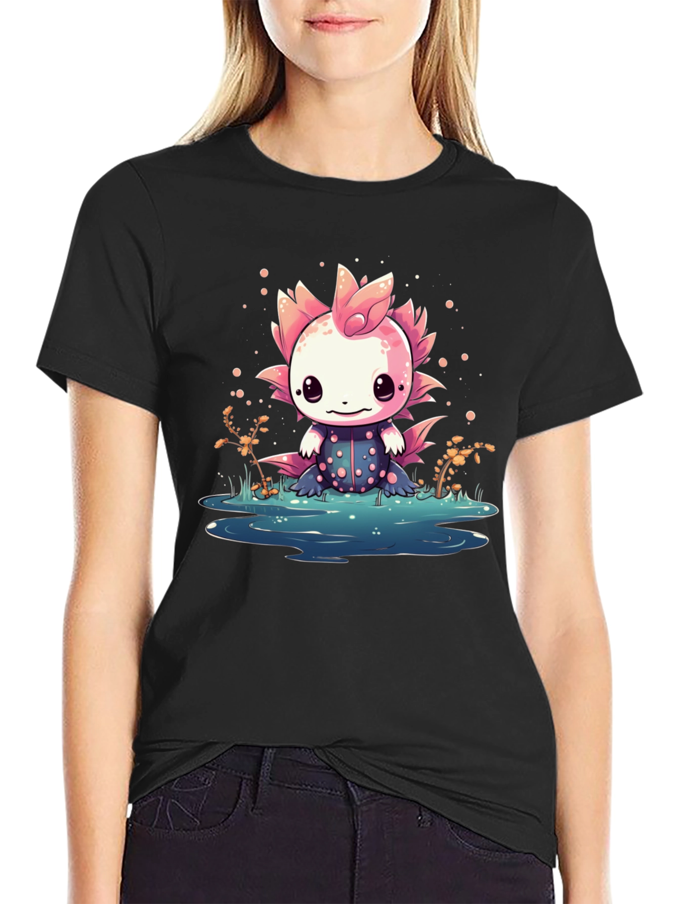 Axolotl Cartoon Black T-Shirt