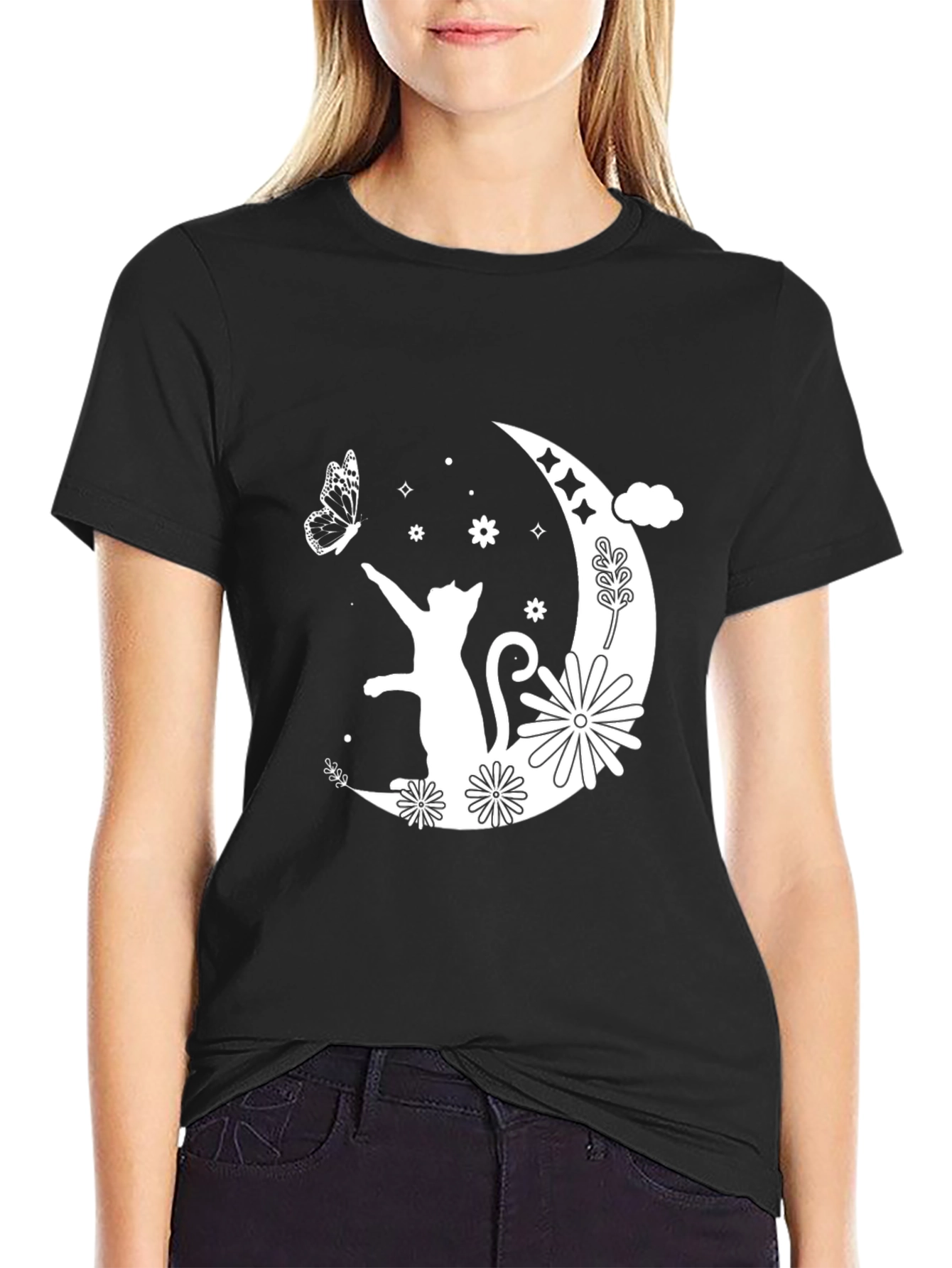 Moon Cat Graphic Tee - Black Cotton T-Shirt