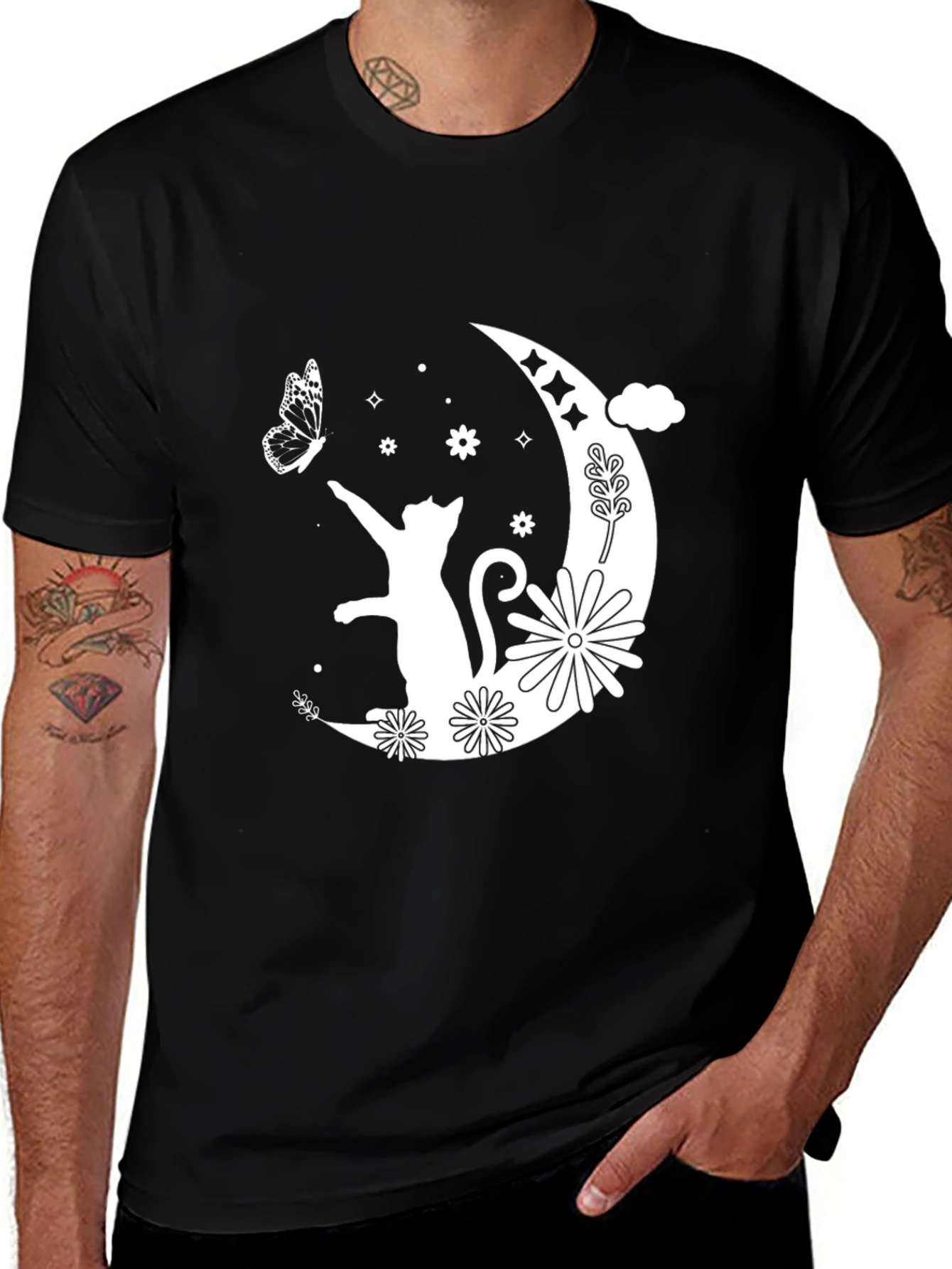 Moon Cat Graphic Tee - Black Cotton T-Shirt
