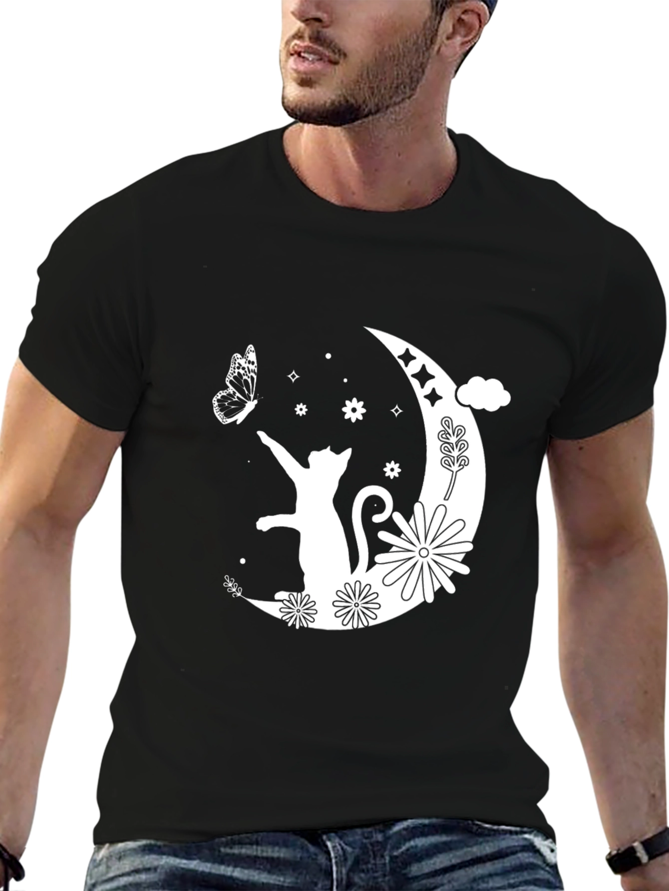 Moon Cat Graphic Tee - Black Cotton T-Shirt