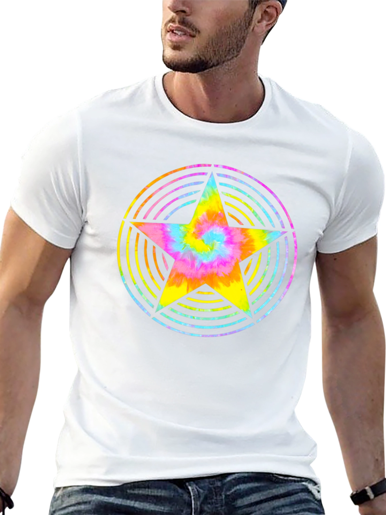 Rainbow Tie-Dye Star Graphic Black T-Shirt