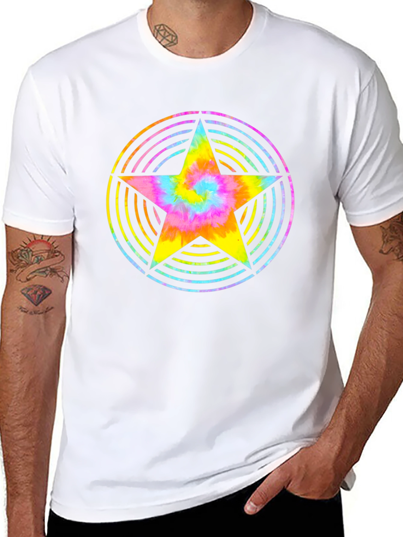 Rainbow Tie-Dye Star Graphic Black T-Shirt
