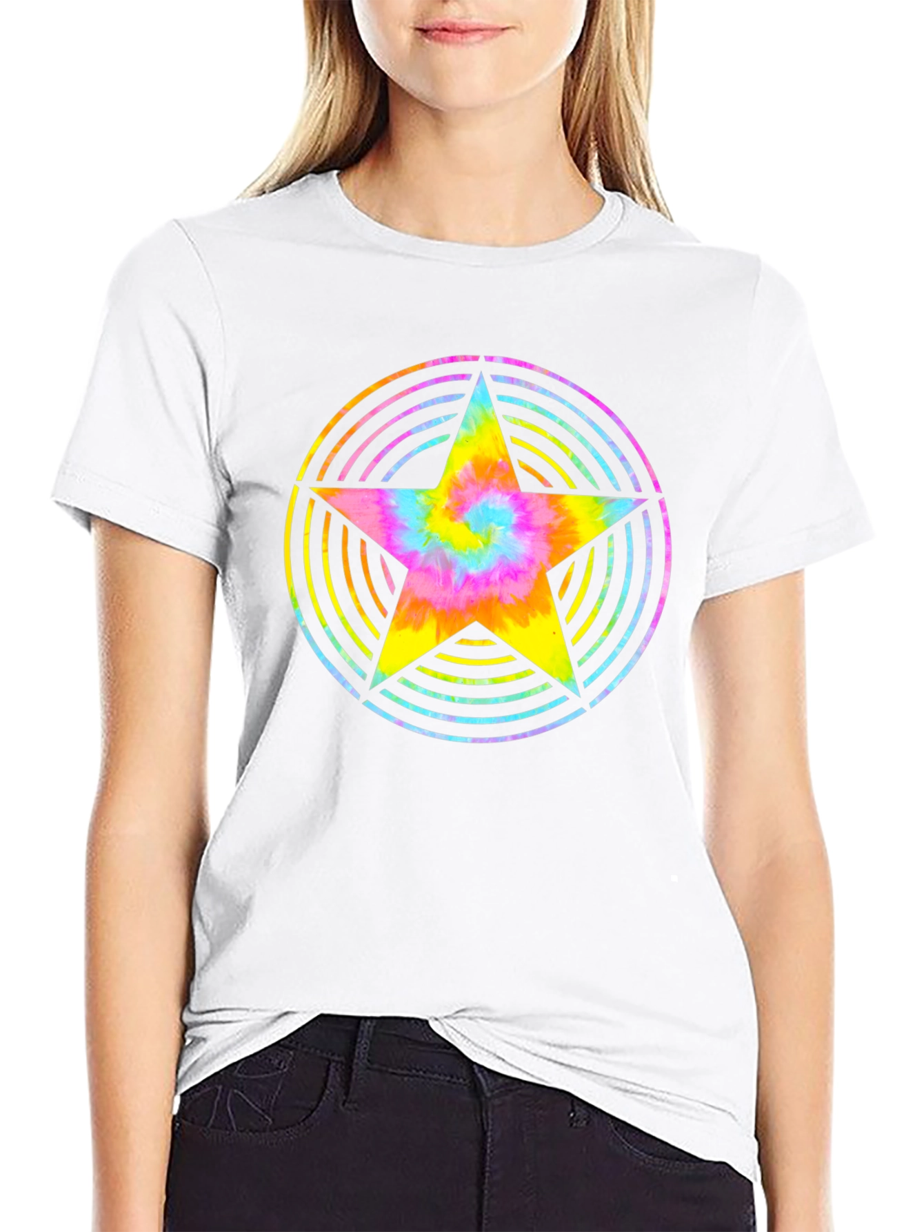 Rainbow Tie-Dye Star Graphic Black T-Shirt
