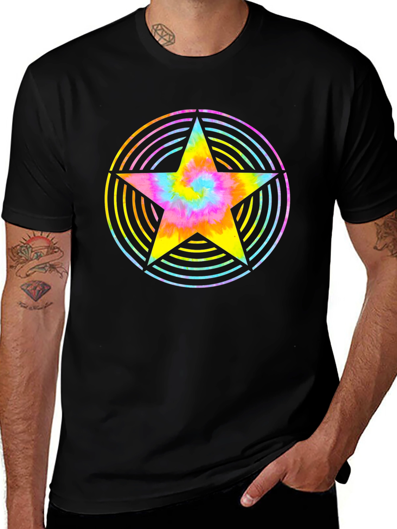 Rainbow Tie-Dye Star Graphic Black T-Shirt
