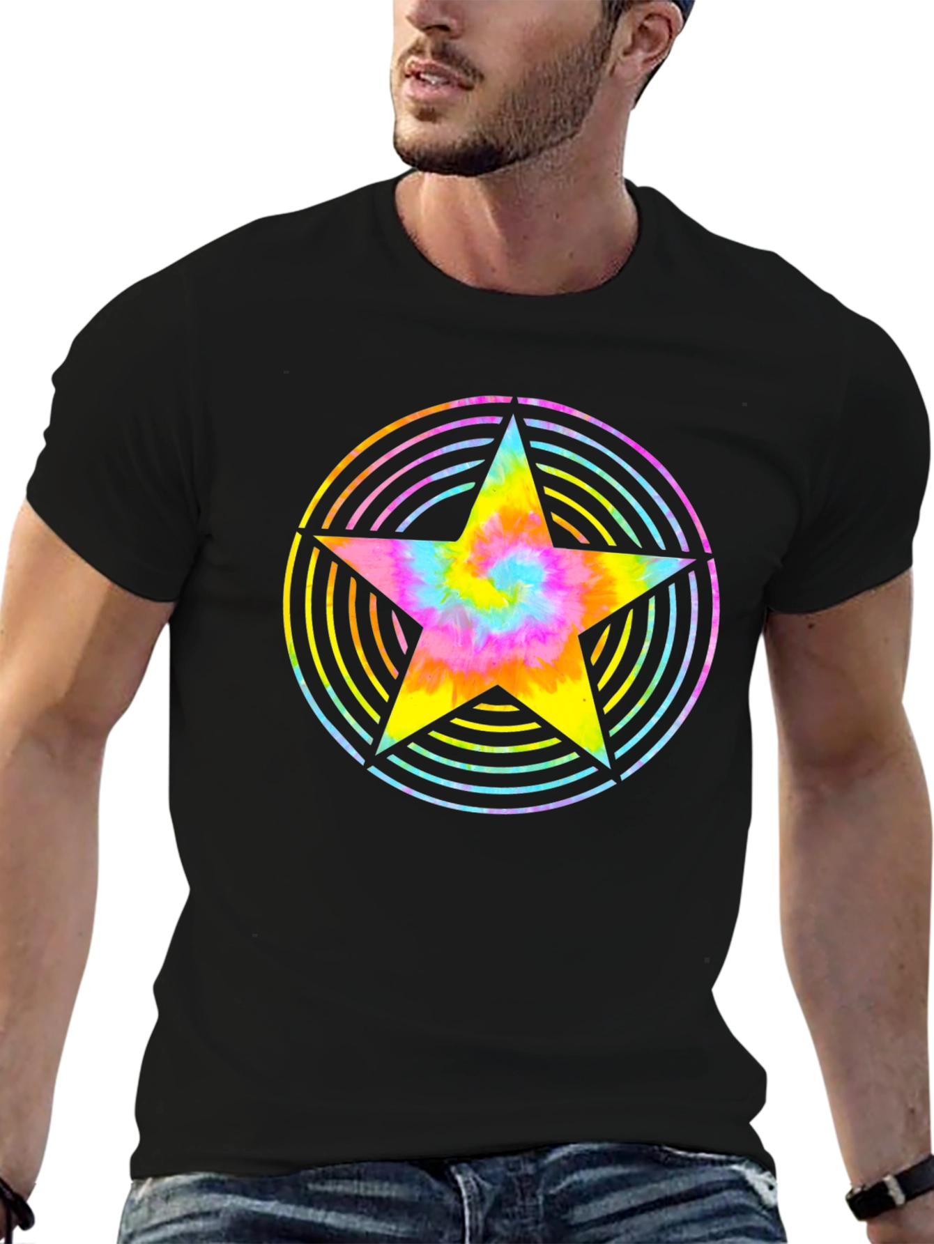 Rainbow Tie-Dye Star Graphic Black T-Shirt