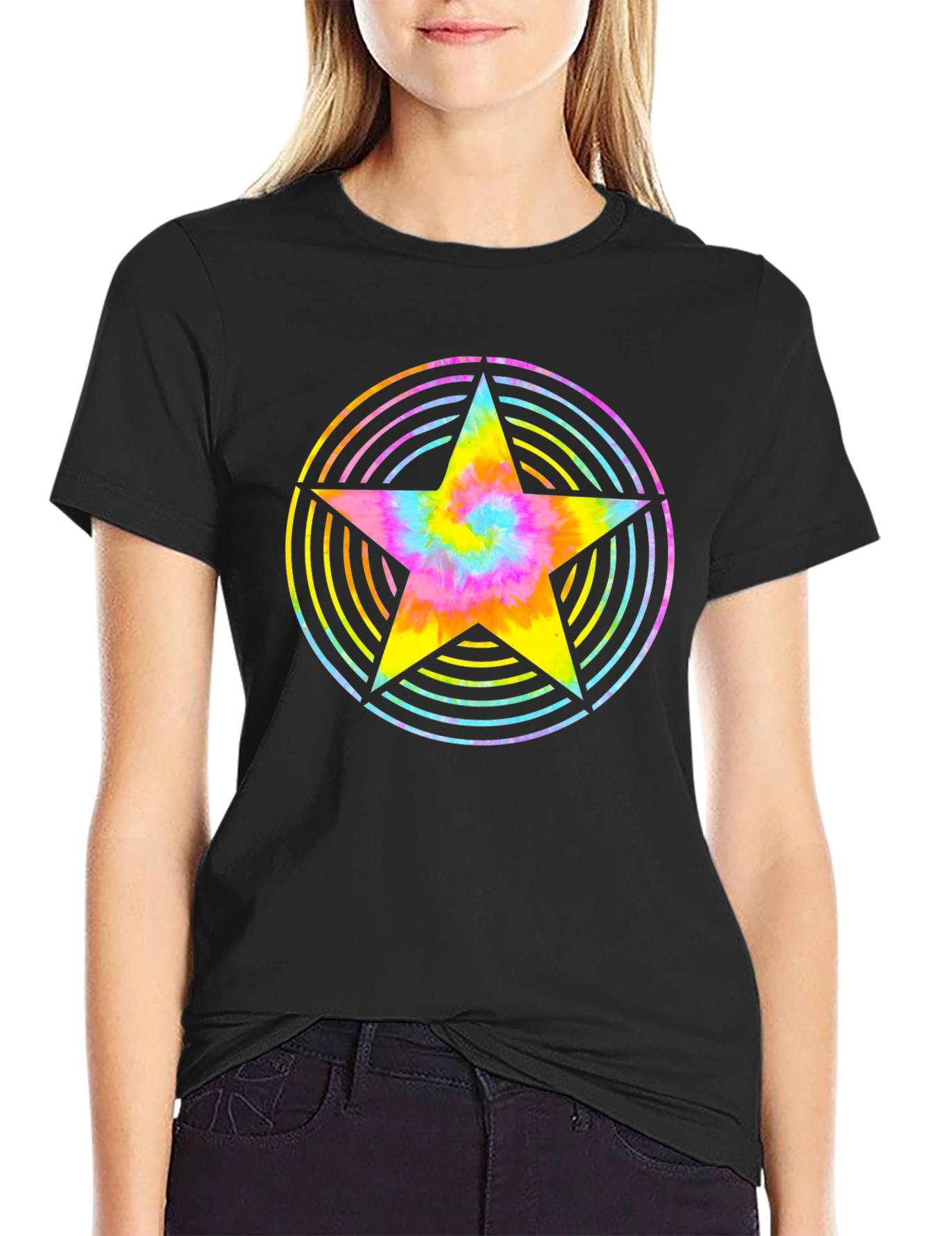 Rainbow Tie-Dye Star Graphic Black T-Shirt