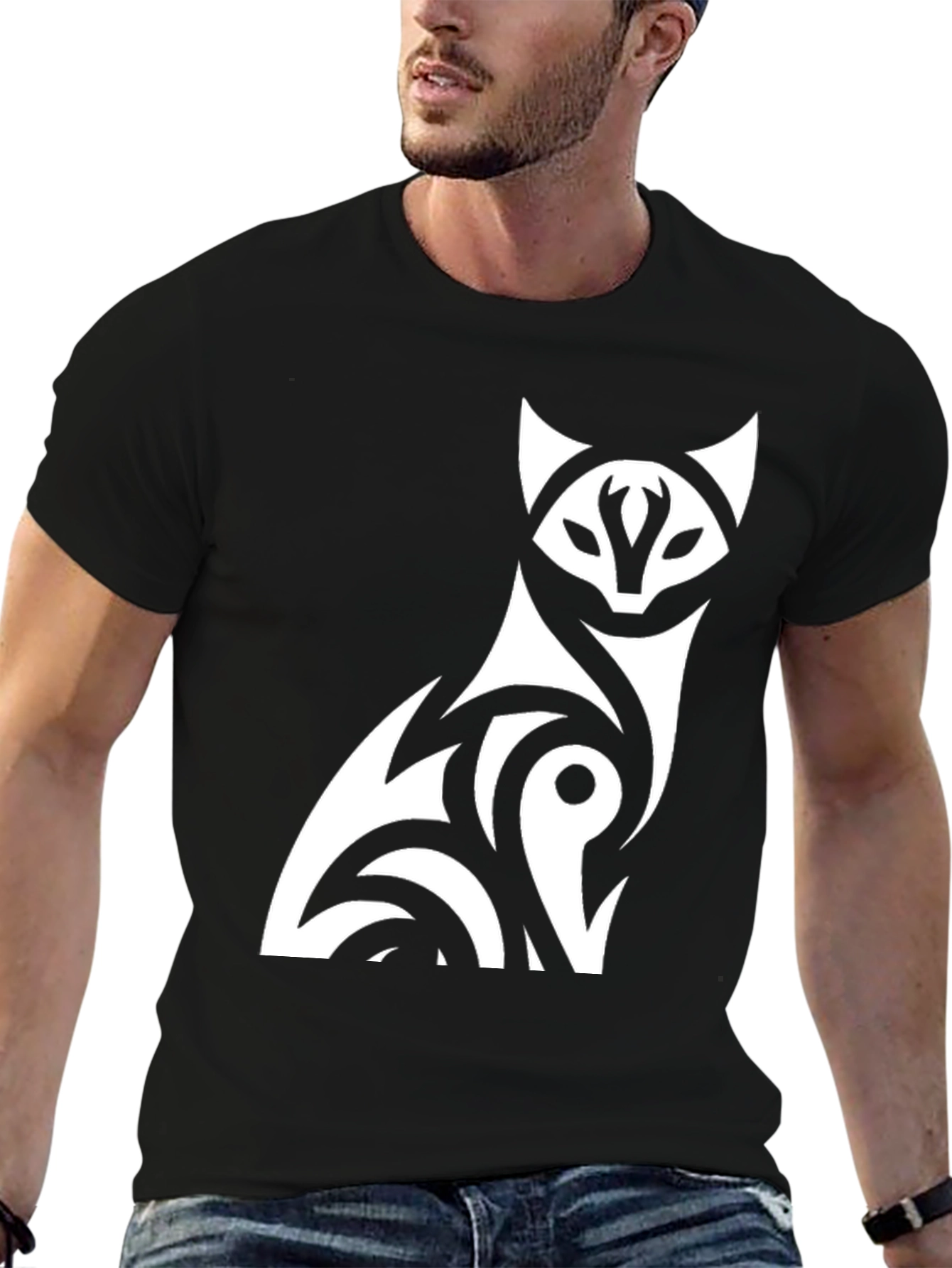 Tribal Fox Graphic Tee - Stylish Black T-Shirt