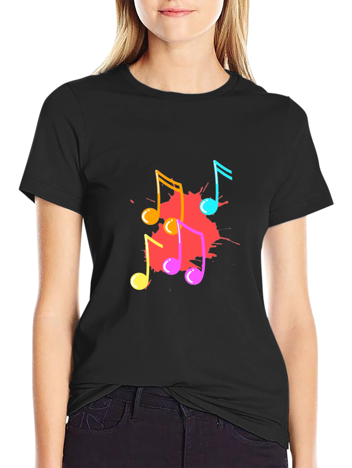 Musical Notes Graphic Print Black T-Shirt