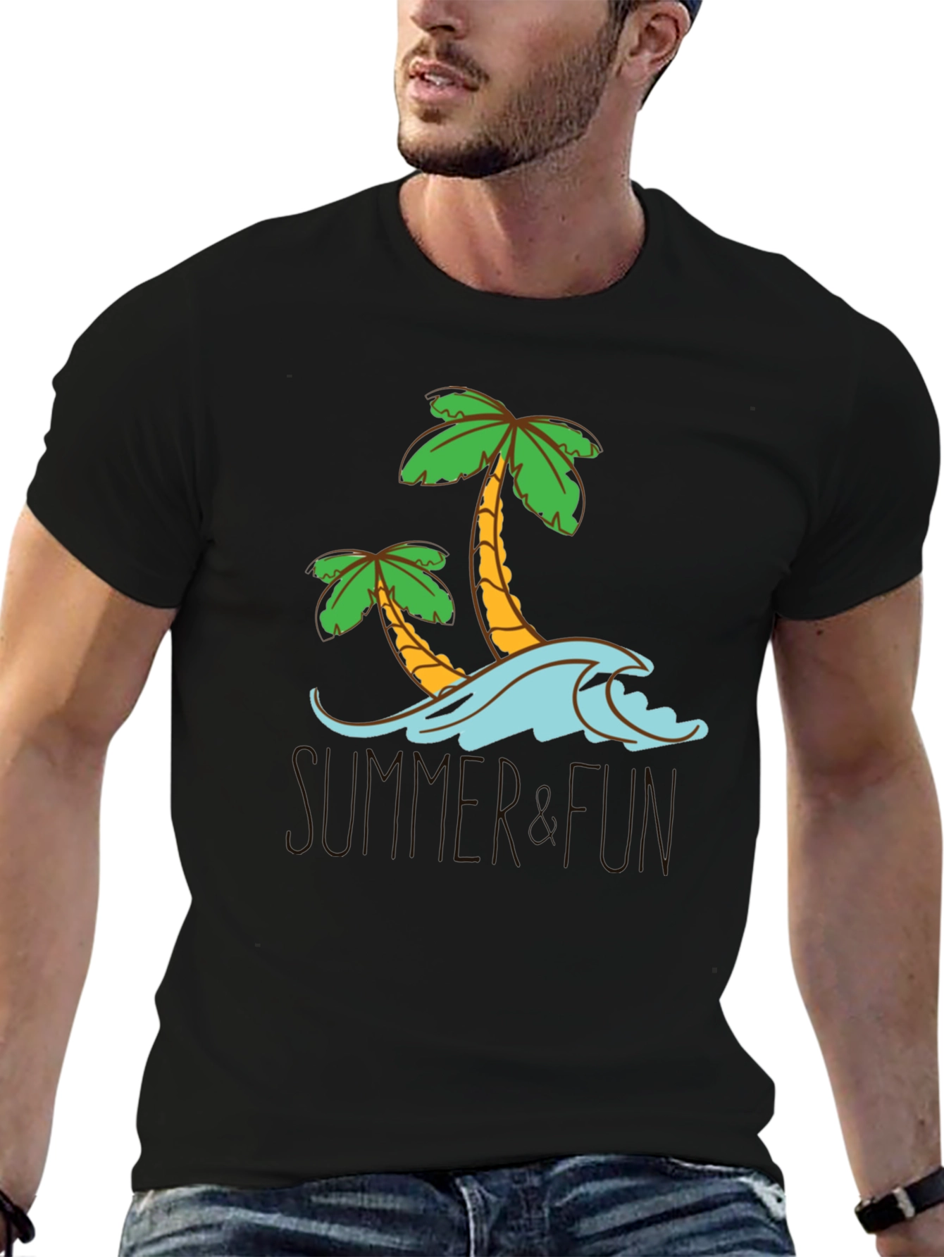 Summer Fun Palm Tree Graphic Tee - Black Cotton