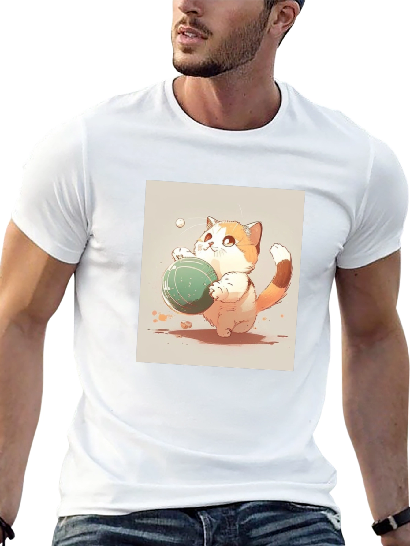 Cute Cat Playing Ball Black T-Shirt