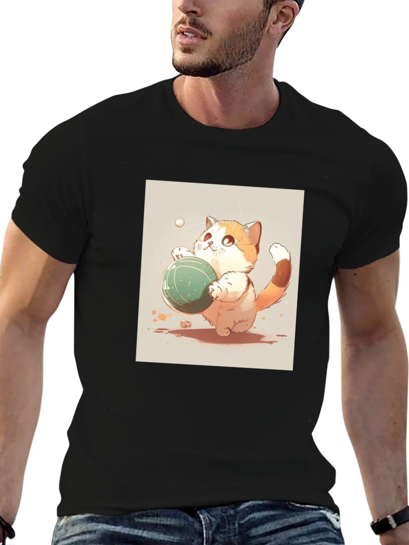 Cute Cat Playing Ball Black T-Shirt