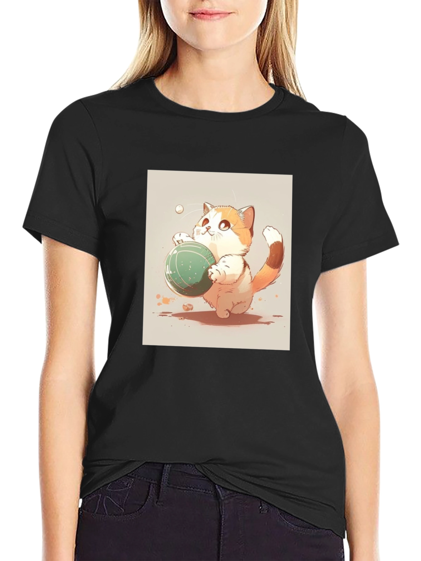 Cute Cat Playing Ball Black T-Shirt