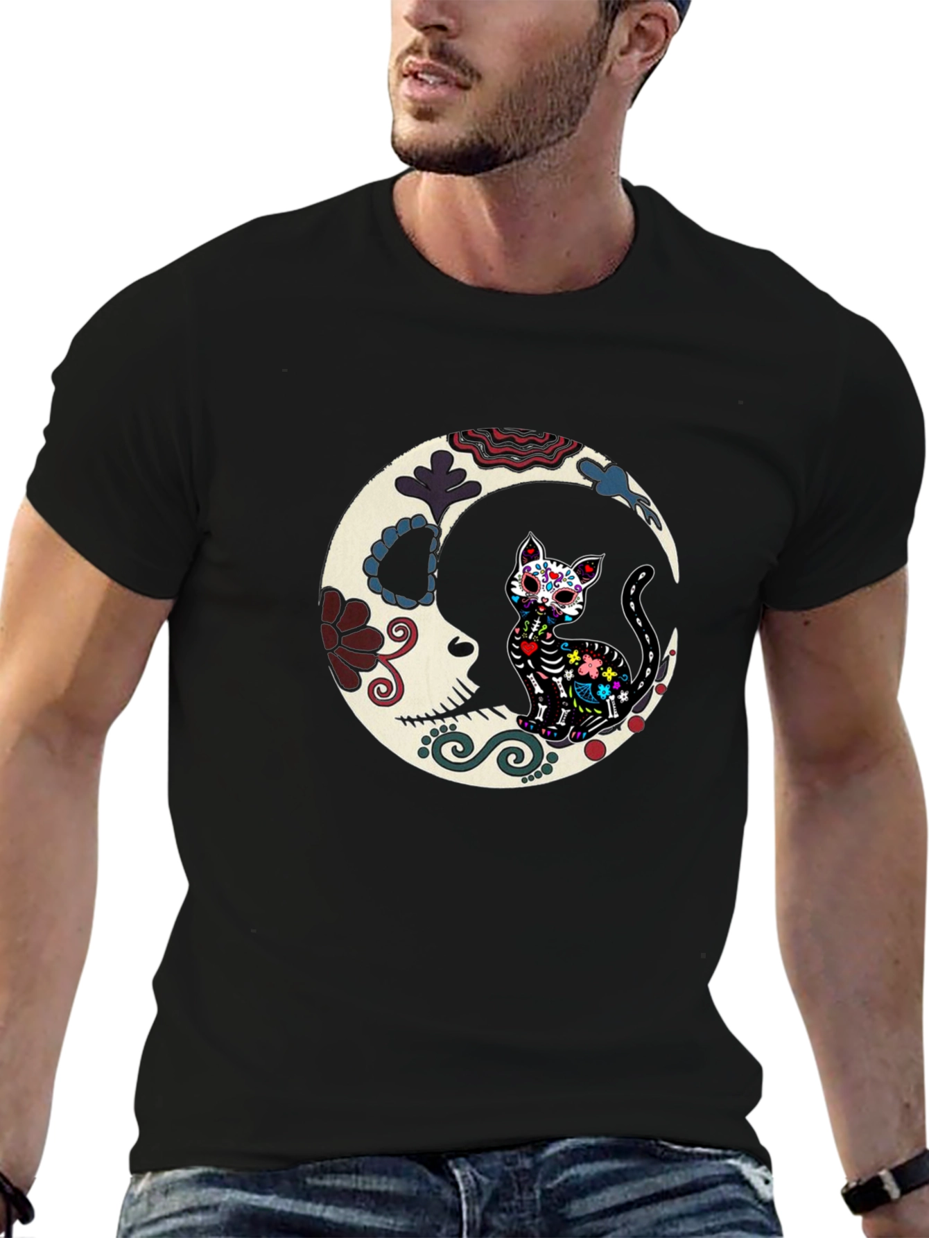 Sugar Skull Cat Moon Graphic Tee