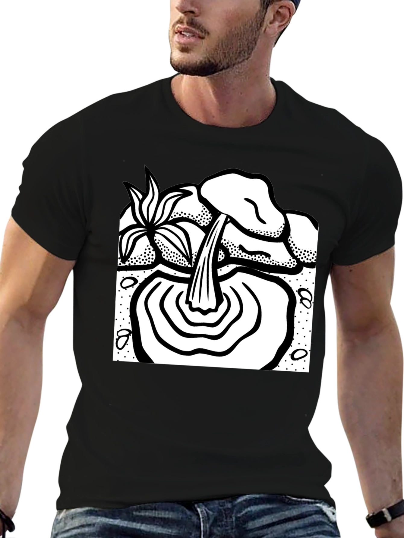 Black T-Shirt with Artistic Waterfall Design