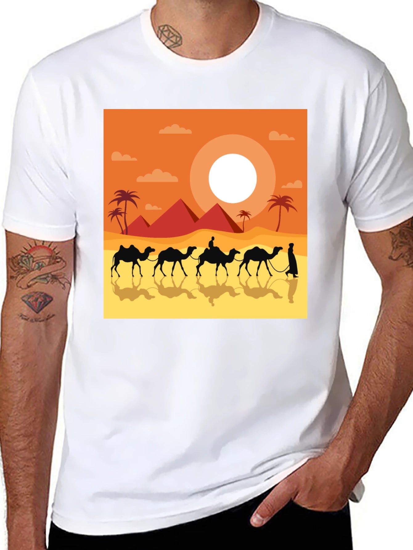 Desert Caravan Graphic Tee - Egyptian Pyramid Scene