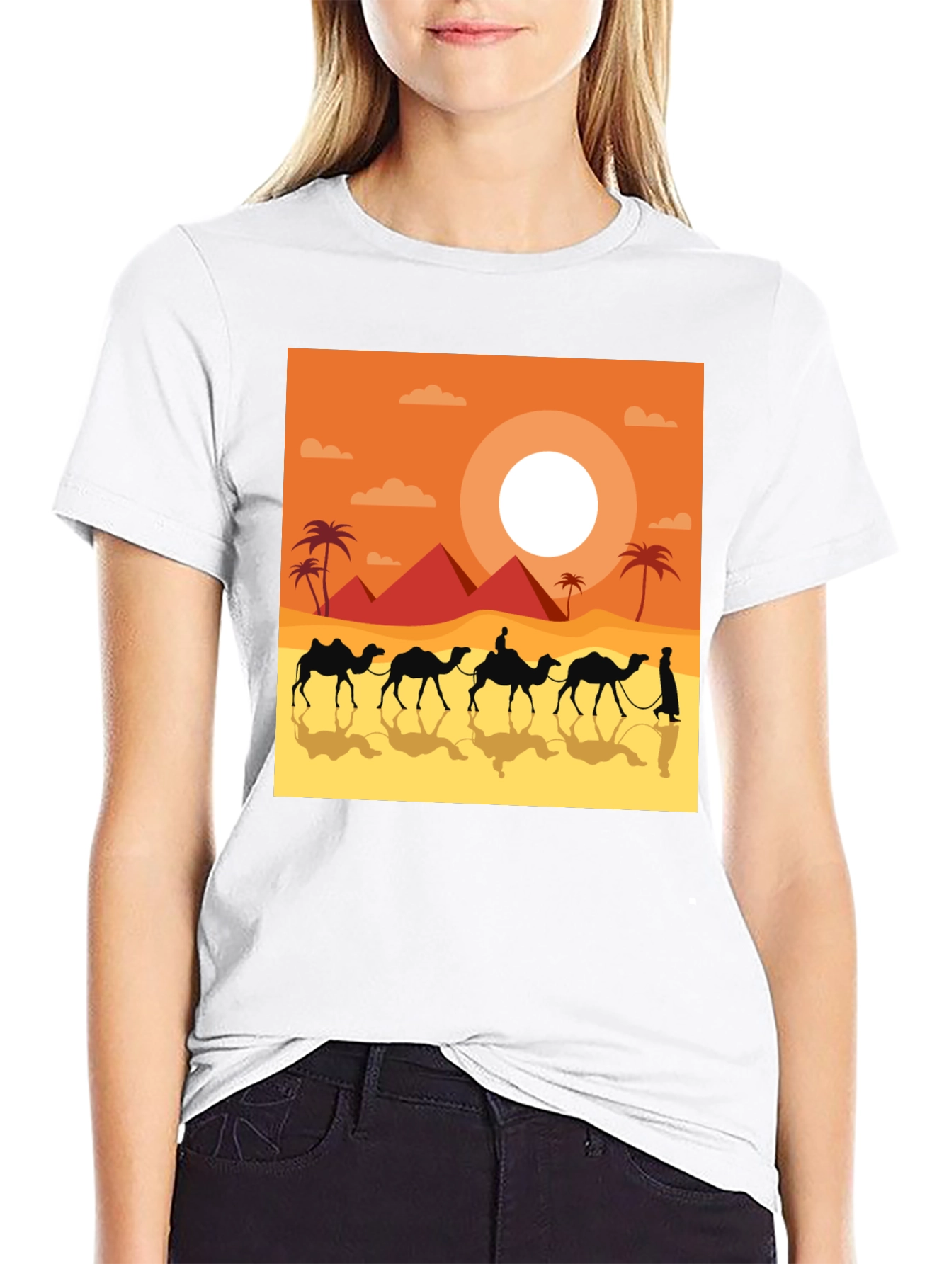 Desert Caravan Graphic Tee - Egyptian Pyramid Scene