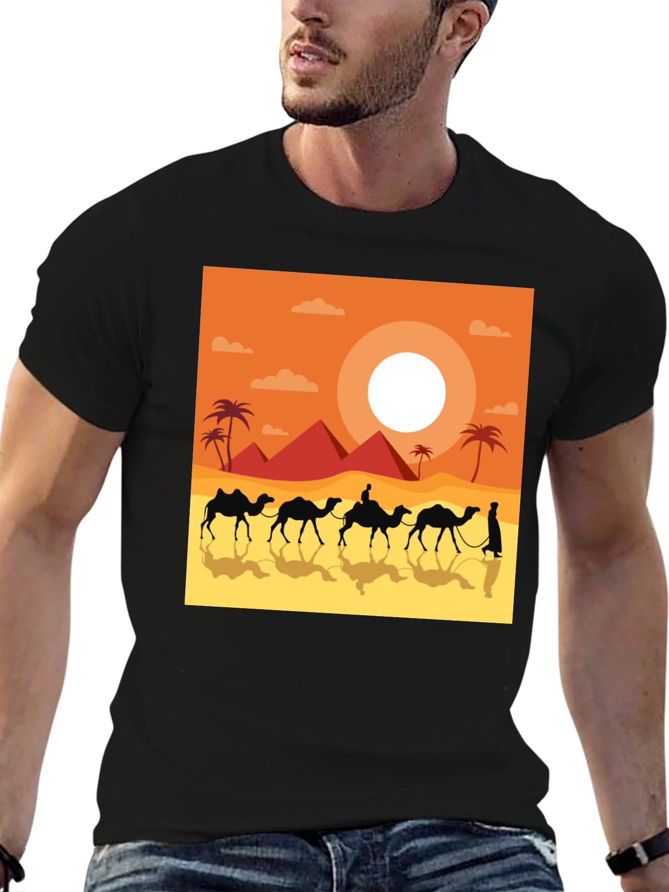 Desert Caravan Graphic Tee - Egyptian Pyramid Scene