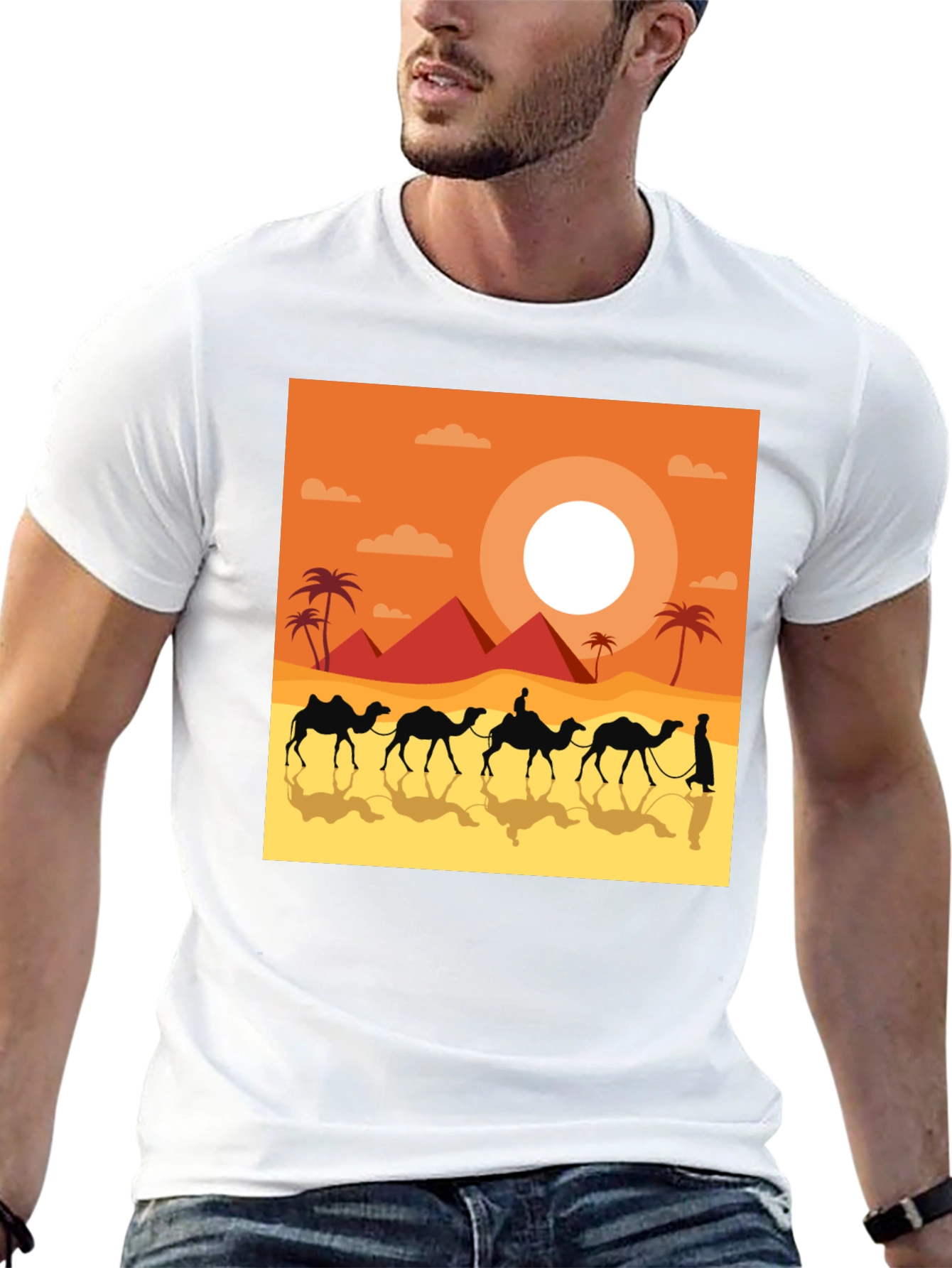 Desert Caravan Graphic Tee - Egyptian Pyramid Scene